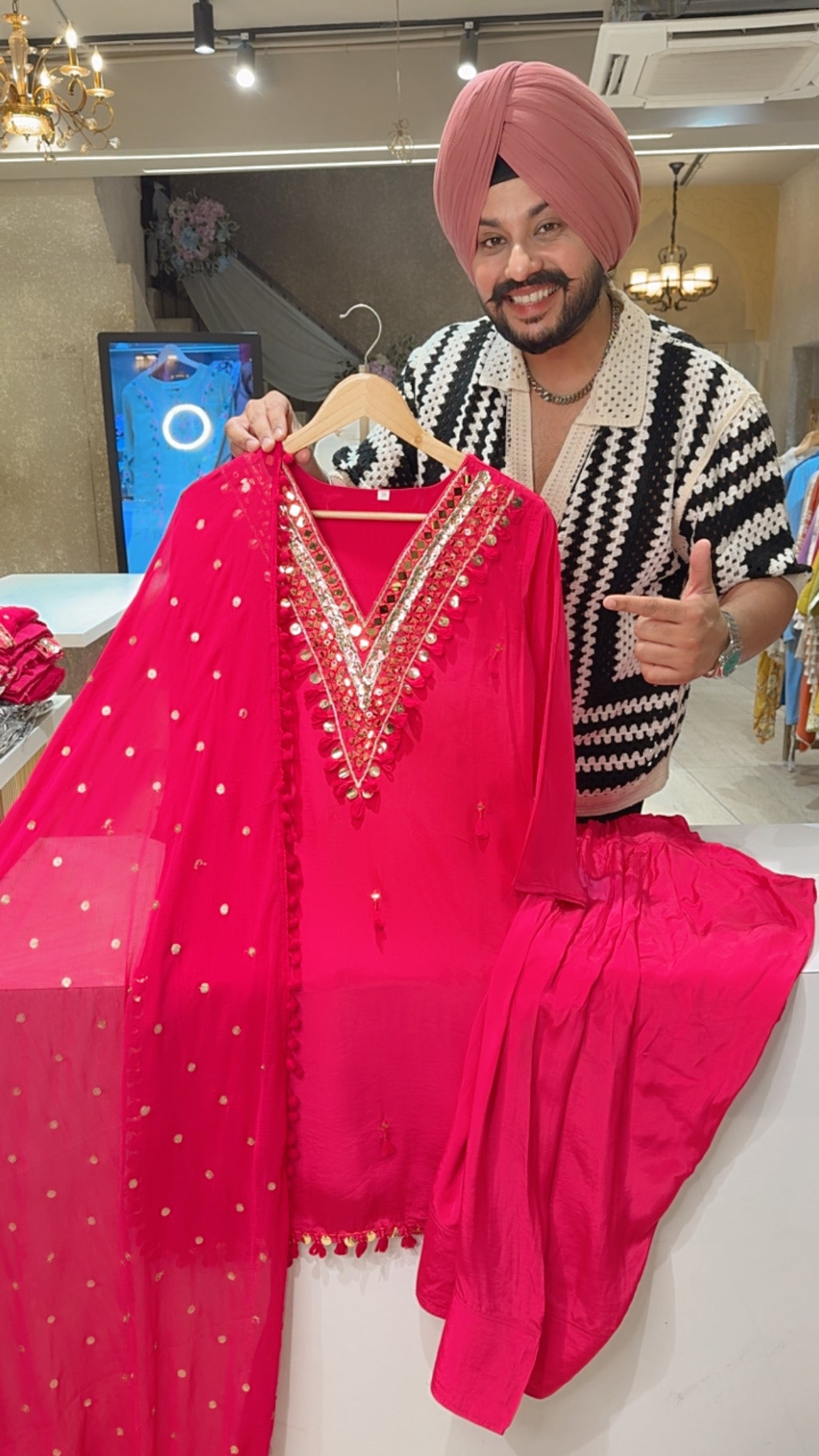 Hot Pink Premium Crepe Heavy Embroidered & Mirror work Farsi Salwar Suit with Chinon Sequins Work Pom Pom Duppata
