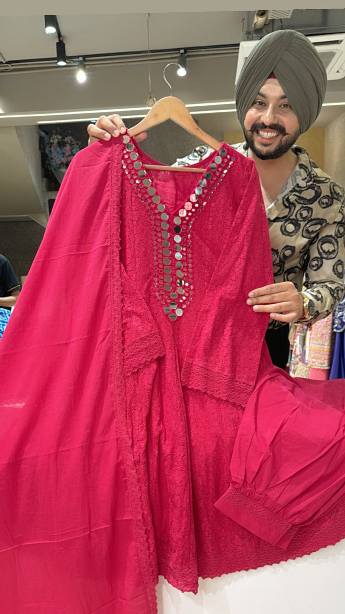 Rani pink Crochet Lace Paplum Pathani Suit with Beautiful Mirror work on neck