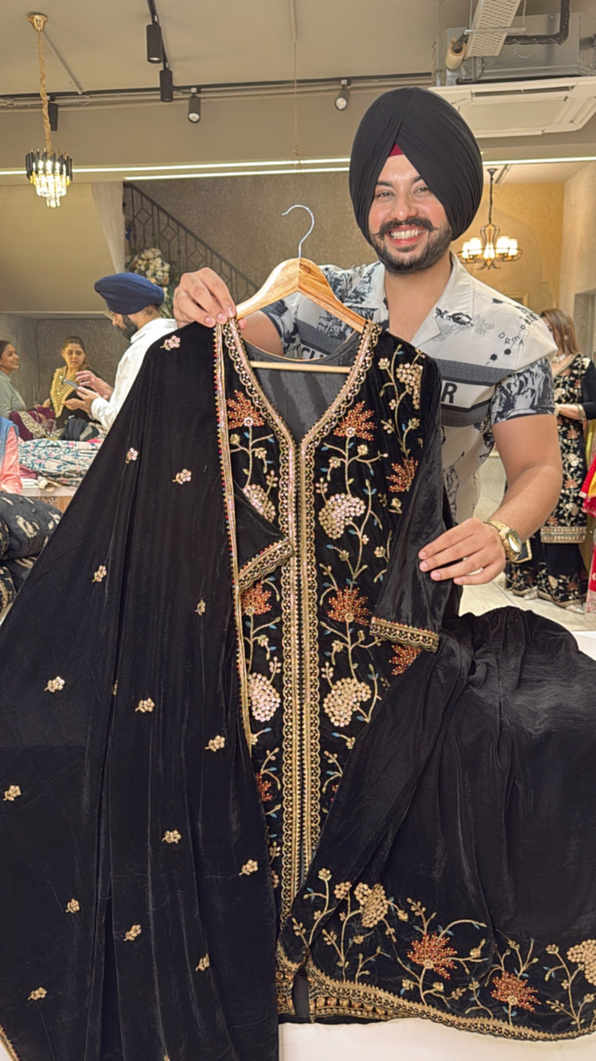Black Velvet Heavy Embroidered Front & side Slit Azaaro set with Beautiful Duppata