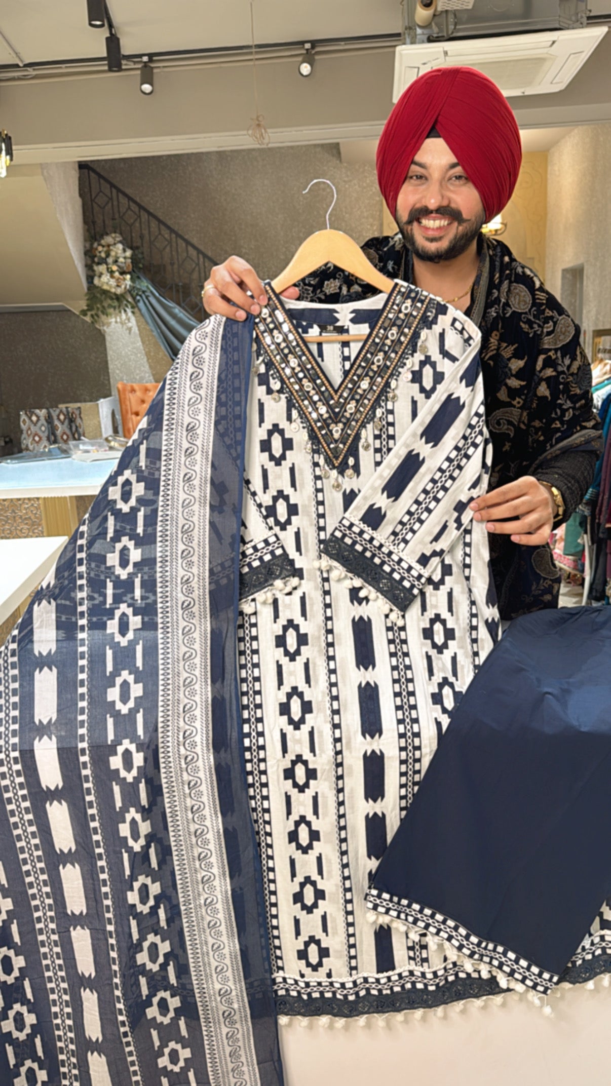 White & Navy Blue Pure Cotton V neck A-line Olazo Suit with beautiful Embroidery & Pom-Pom work