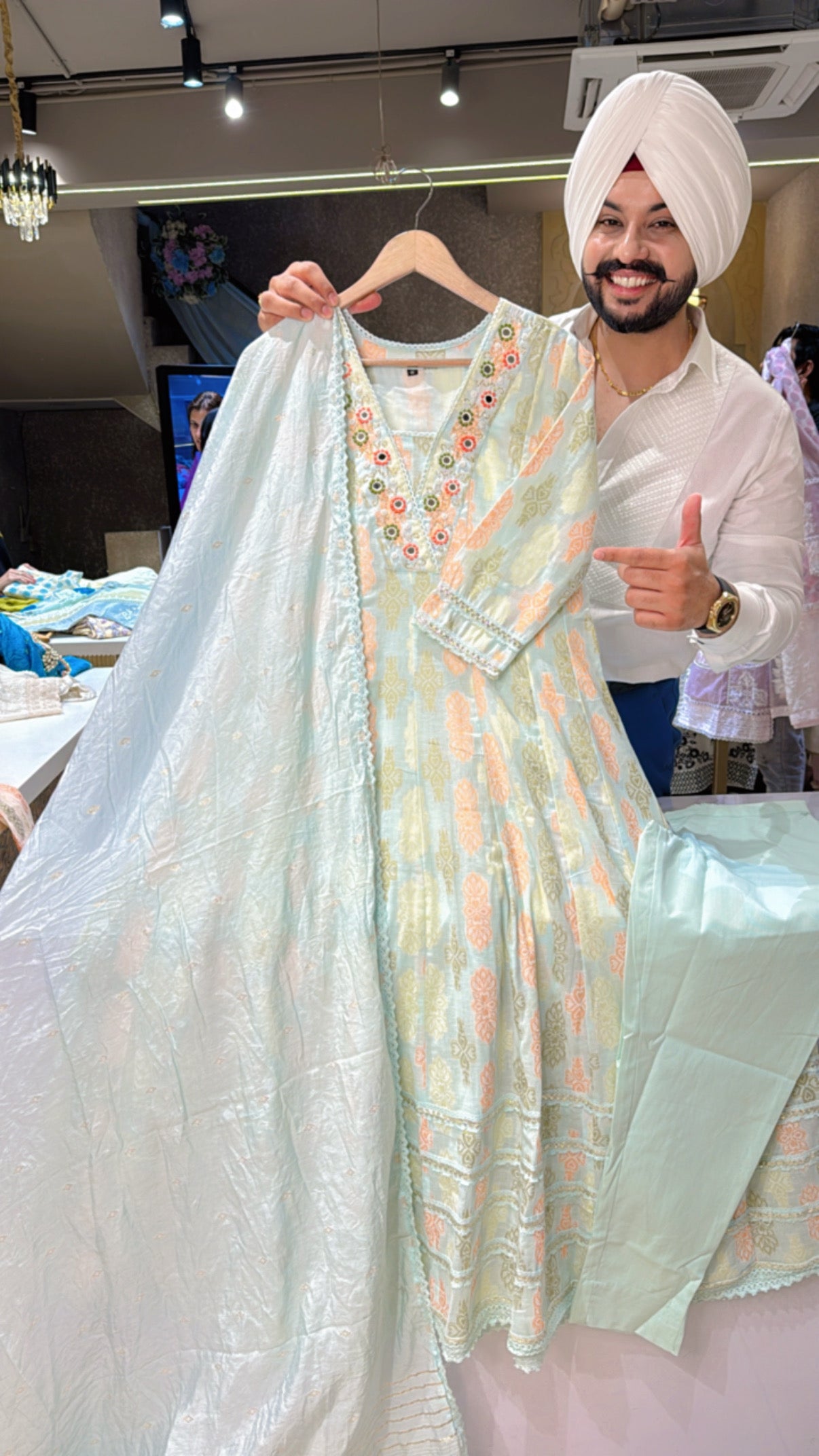 Light Blue Banarsi cotton Full Flair Anarkali Suit with Beautiful Hand work on neck