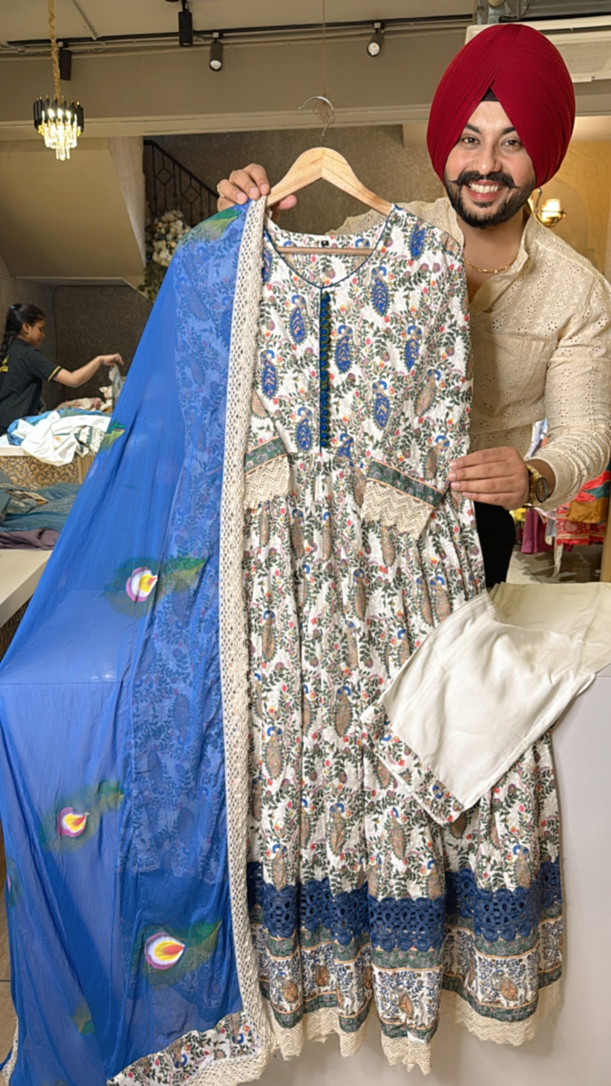 Off white & Blue Pure Cotton Heavy Embroidered Anarkali Suit with Beautiful Hand painted Chiffon Duppata