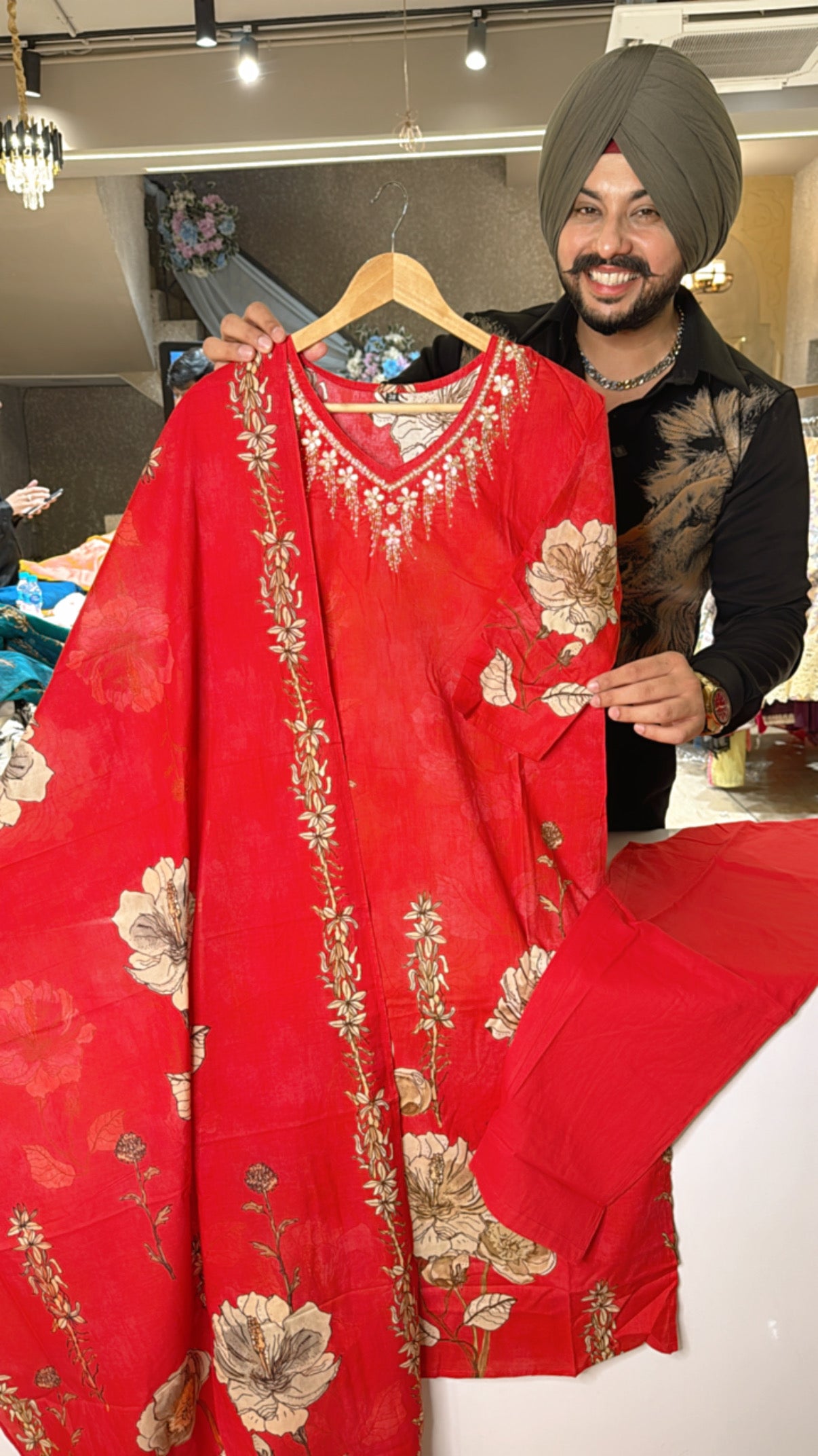 Red Pure Cottton floral Print Straight Suit with Hand Embroidery work on neck