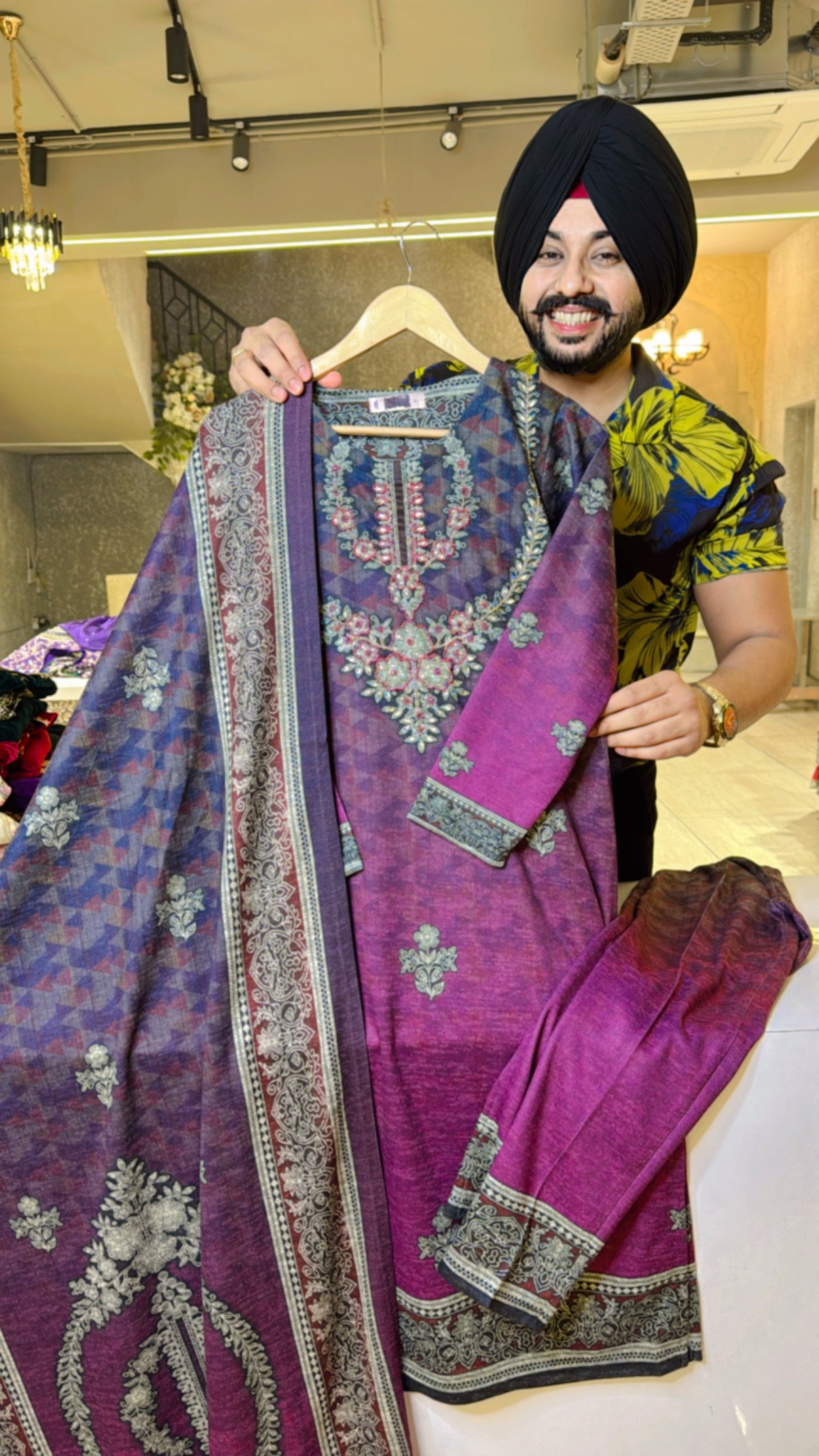 Grey & purple Karachi wool office Wear suit with hand embroidered on neck