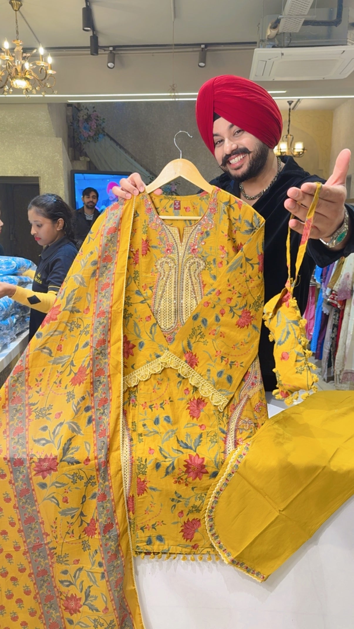 Mustard Yellow Floral Print Embroidered Pure Cotton Suit with Side Slit Pants & Pouch