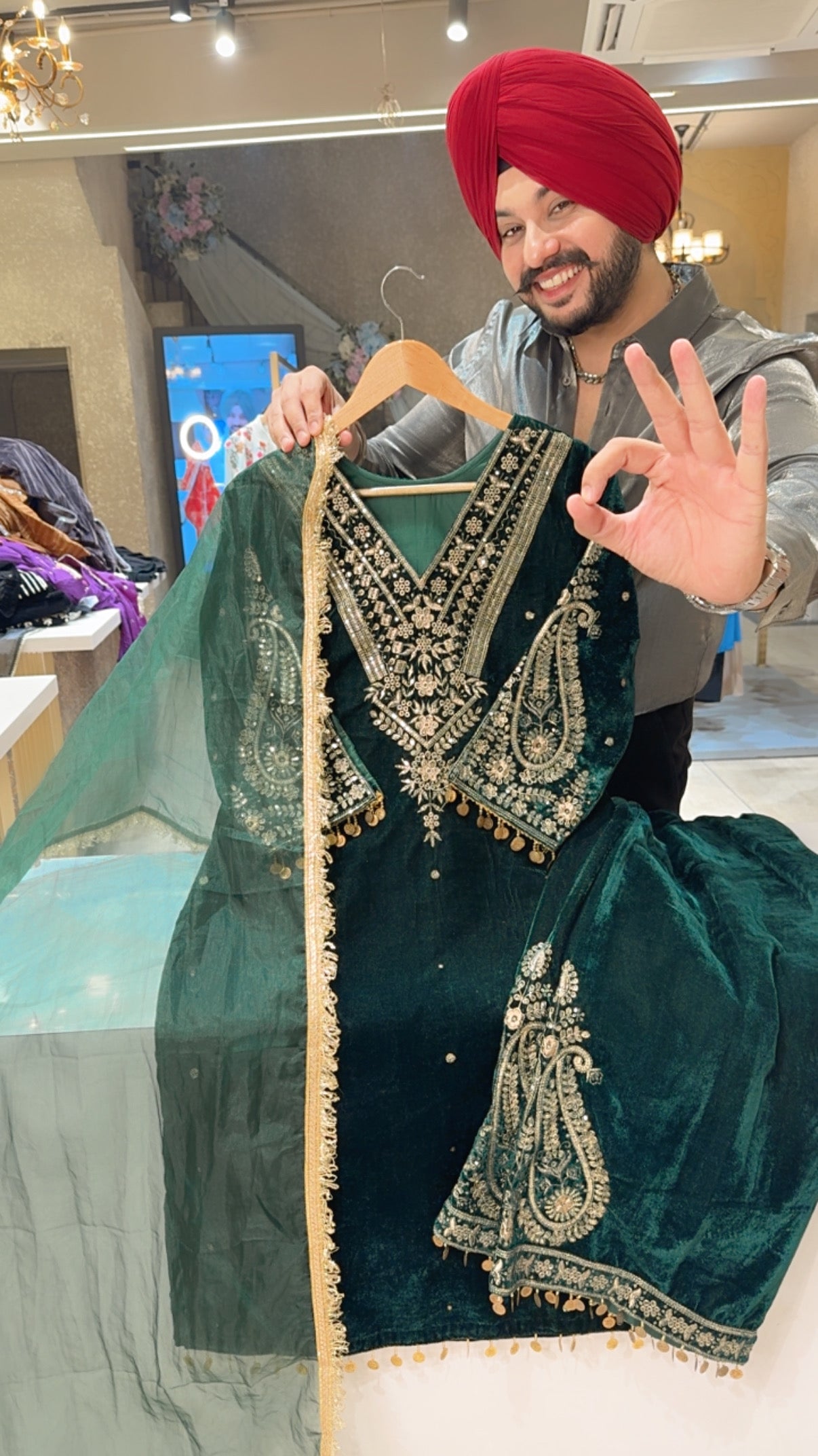 Green Velvet Heavy Embroidered Kashmiri suit with Embroidered Pants & Organza Kiran Lace Duppata