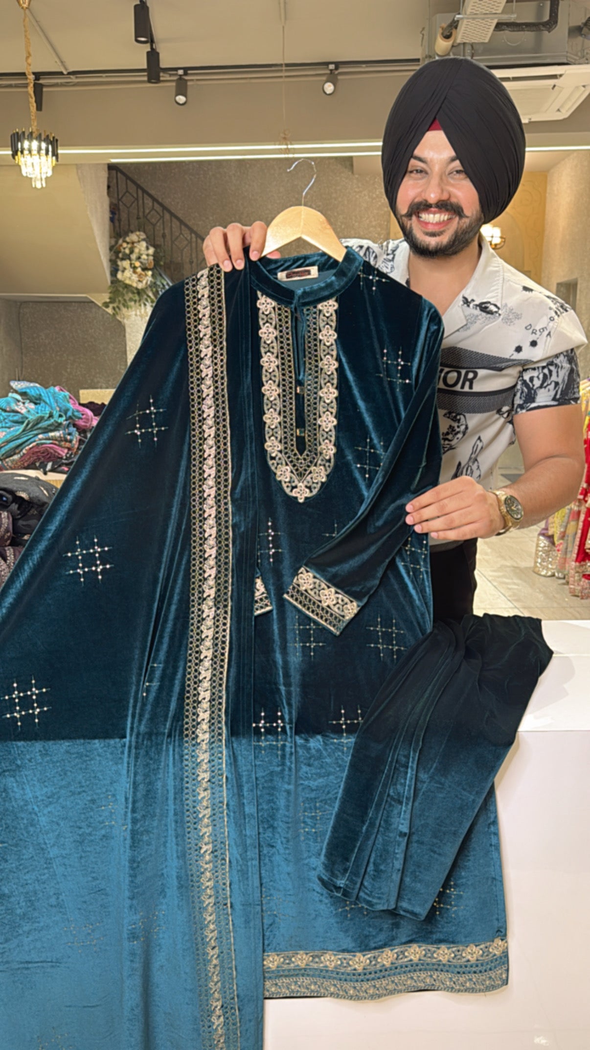 Peacock Heavy Strechable Velvet Embroidered Straight Suit with Heavy Duppata