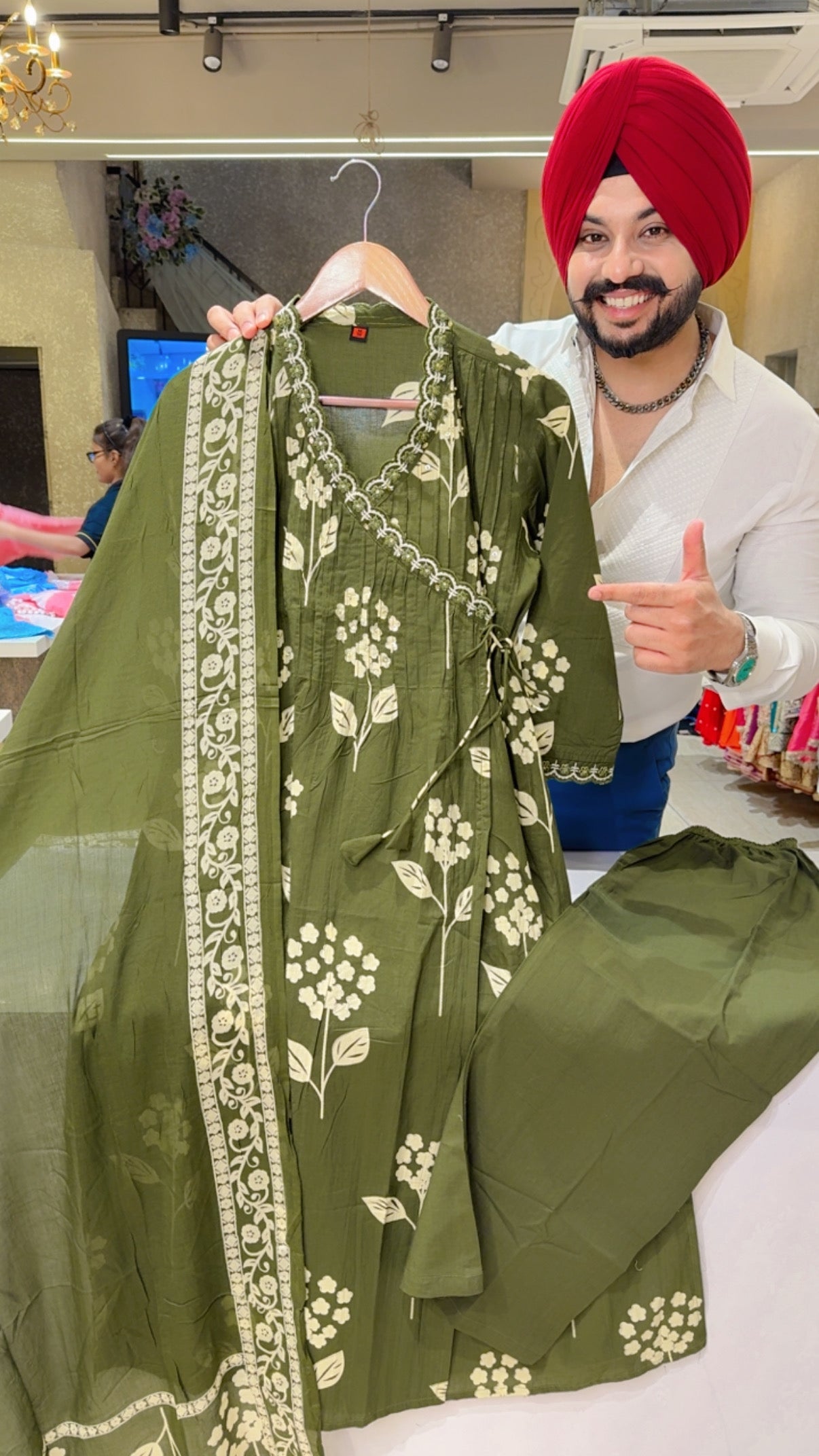 Dark Mehendi Pure Cotton Angrakha Office Wear Suit with Sleek Embroidery Work on neck