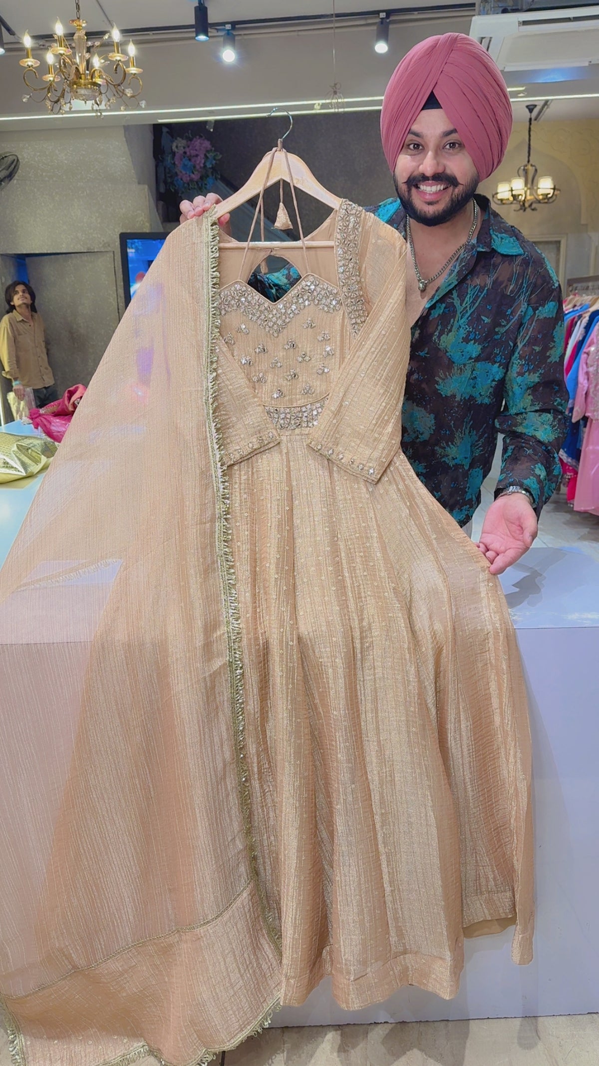 Nude Peach Salsa Fabric Mirror Work Designer Front & Back Neck Partywear Anarkali Gown