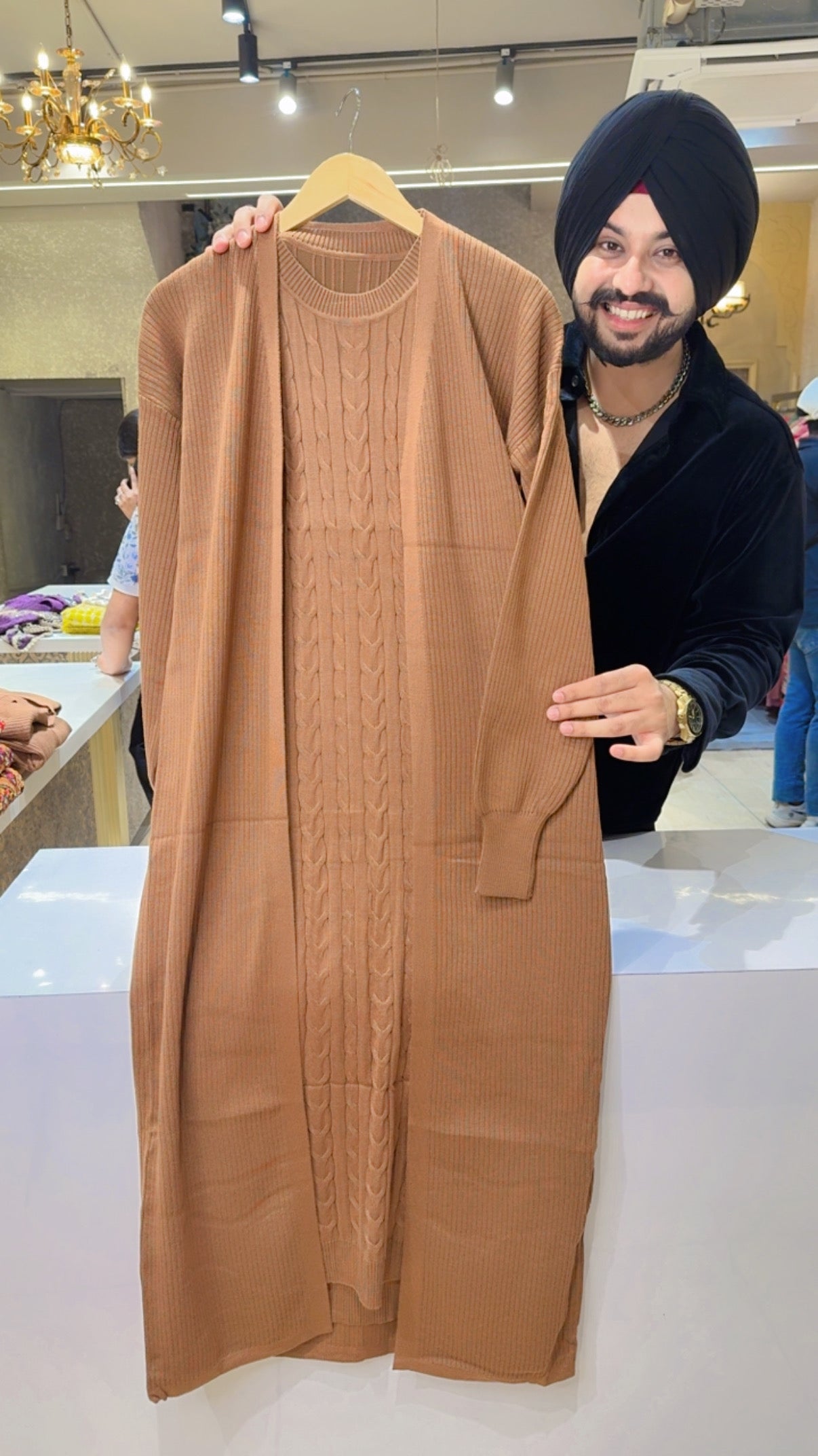 Tan Colour Imported Stretchable Soft Woolen Dress with Stylish Shrug