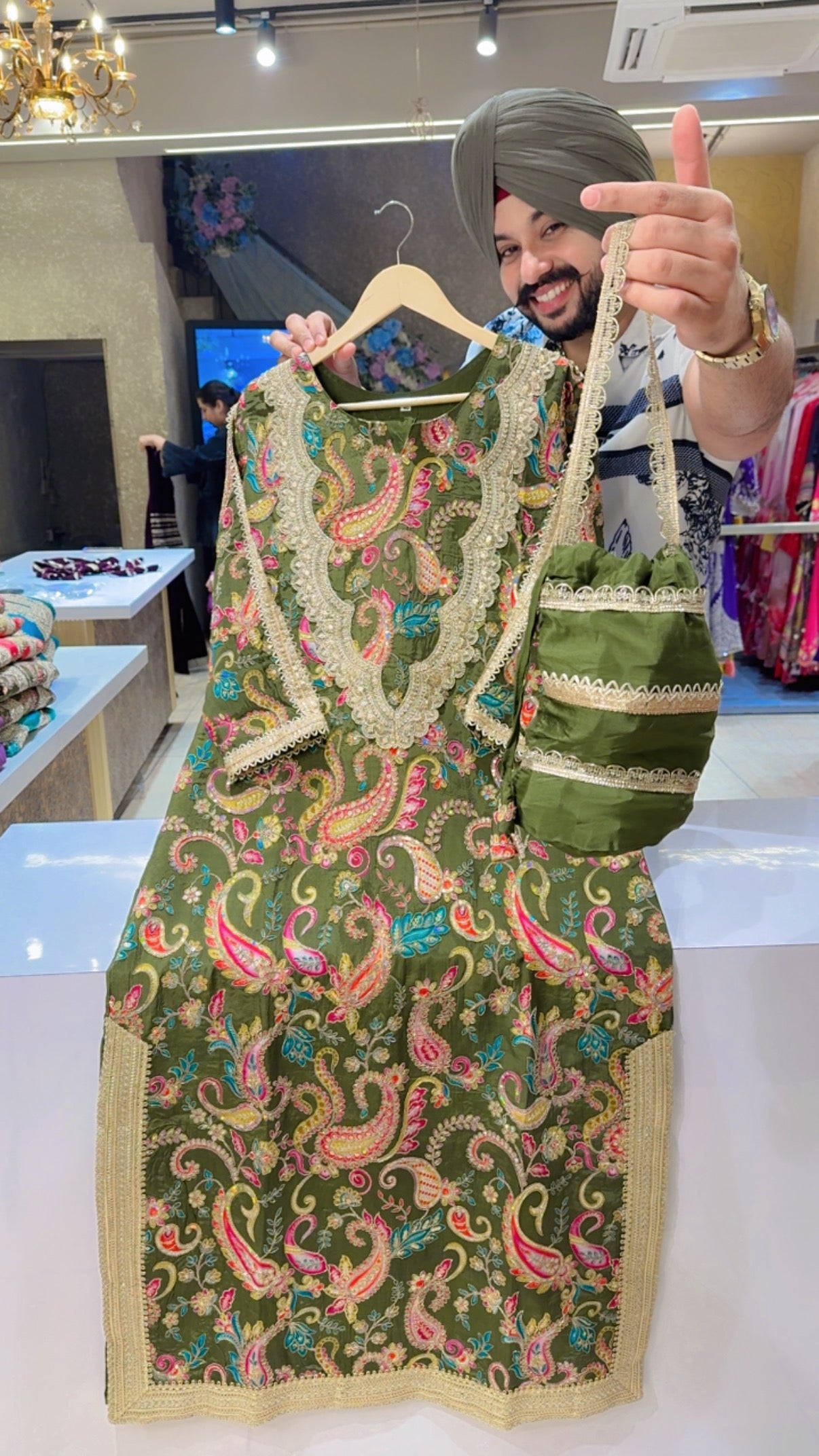 Mehendi Crepe Heavy Embroidered Kashmiri long Straight one Piece with Cute Potli