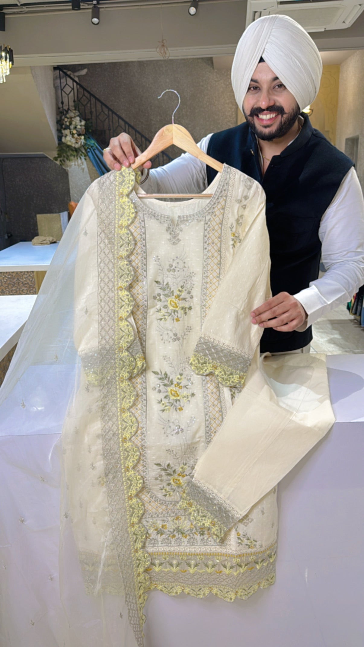 Off White & Lemon Kora Cotton Heavy embroidered Pakistani Suit with Beautiful Organza Duppata