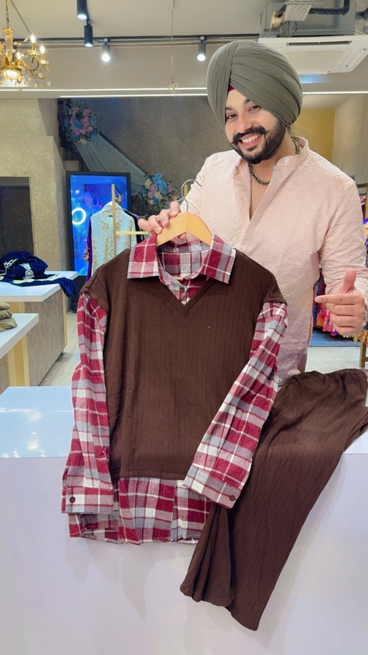 Chocolate Brown Soft Imported Woolen Fully Strechable Collar Neck Coord set