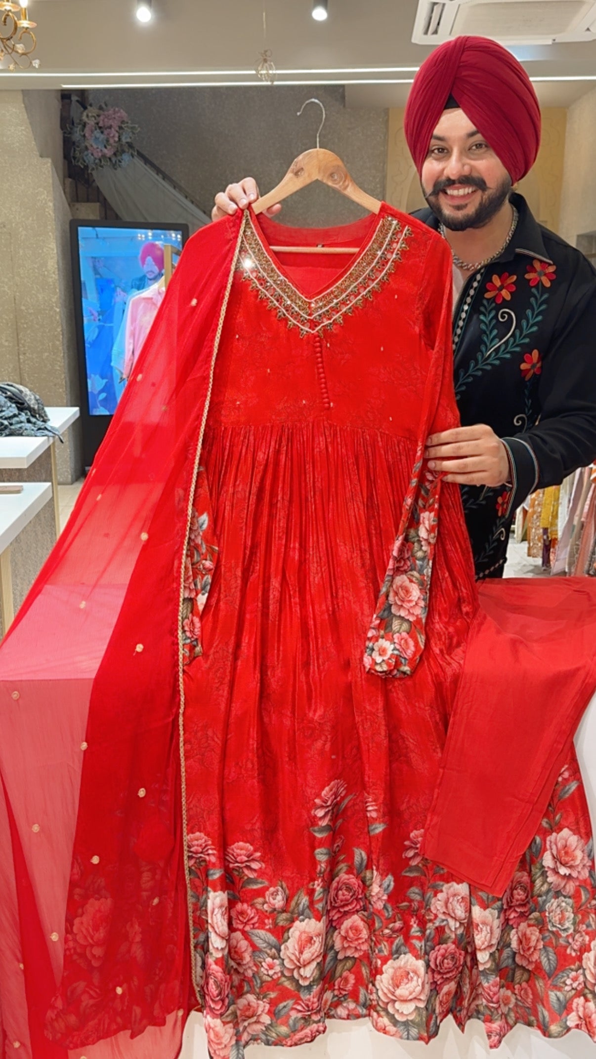 Red Chinon Floral Print Girlish Anarkali Suit With Beautiful hand embroidery work on Neck