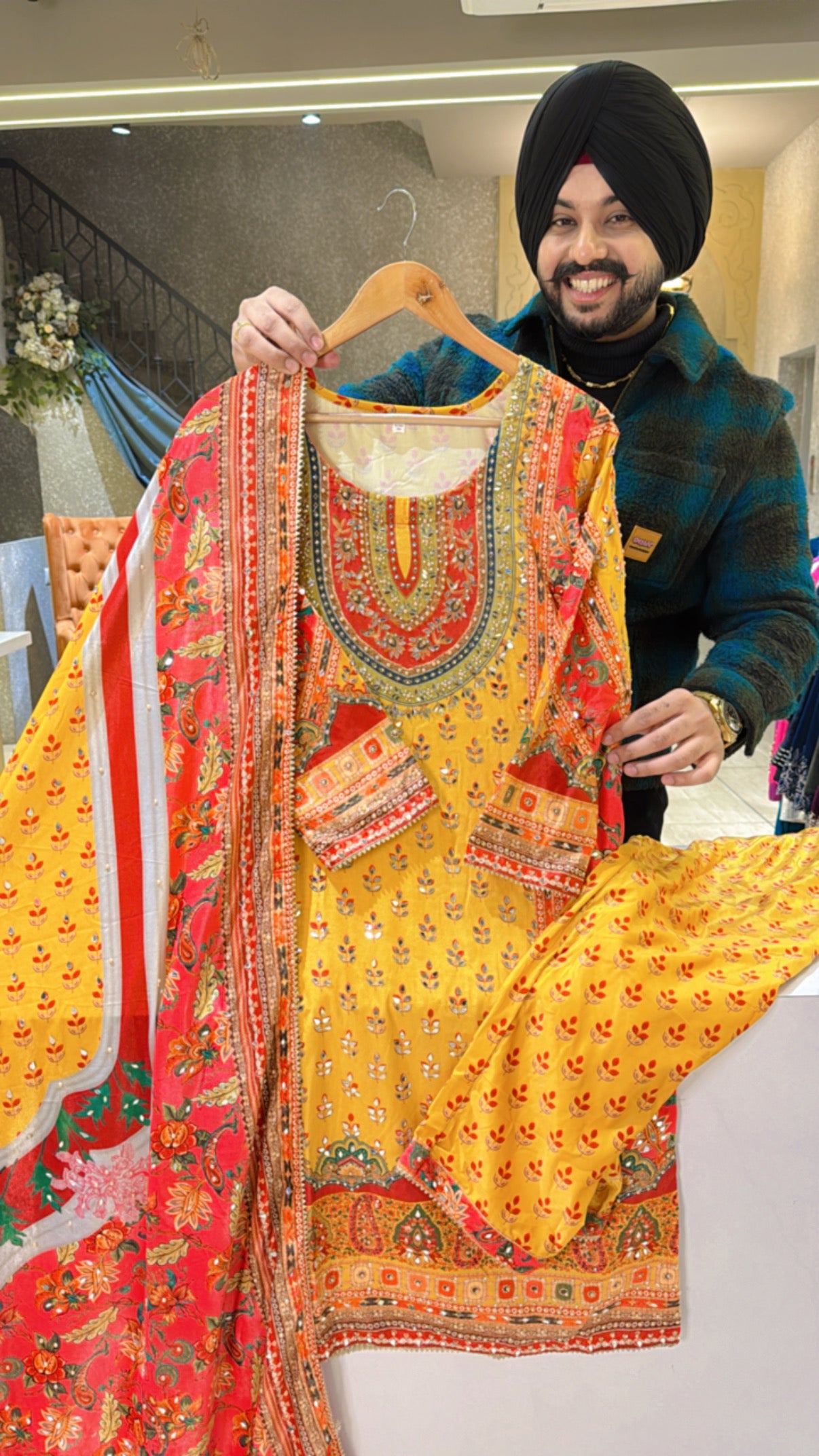 Yellow Velvet Heavy Mirror Pasting Straight Suit with Full length Duppata