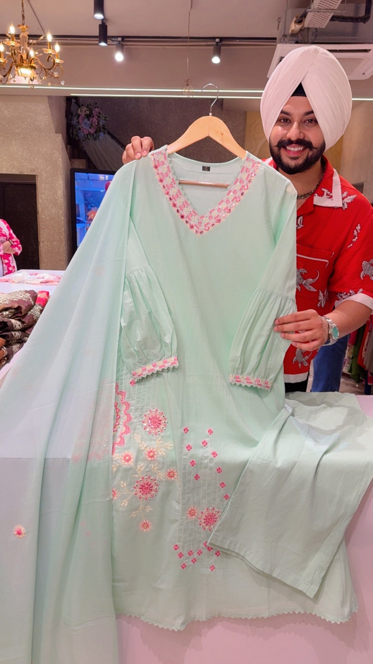 Light Sea Green Mal Cotton Embroidered A-line Suit with Beautiful Embroidered Duppata