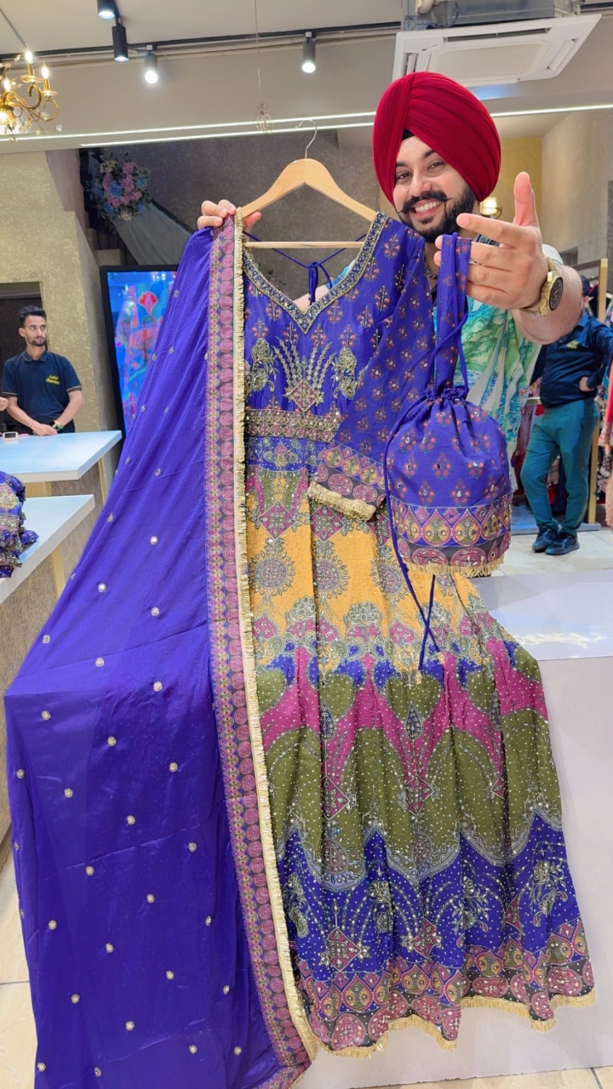 Purplish Blue Chinon Heavy Hand Embroidered & Mirror Pasting Anarkali Gown With Cute Potli & Sequins Worl Duppata