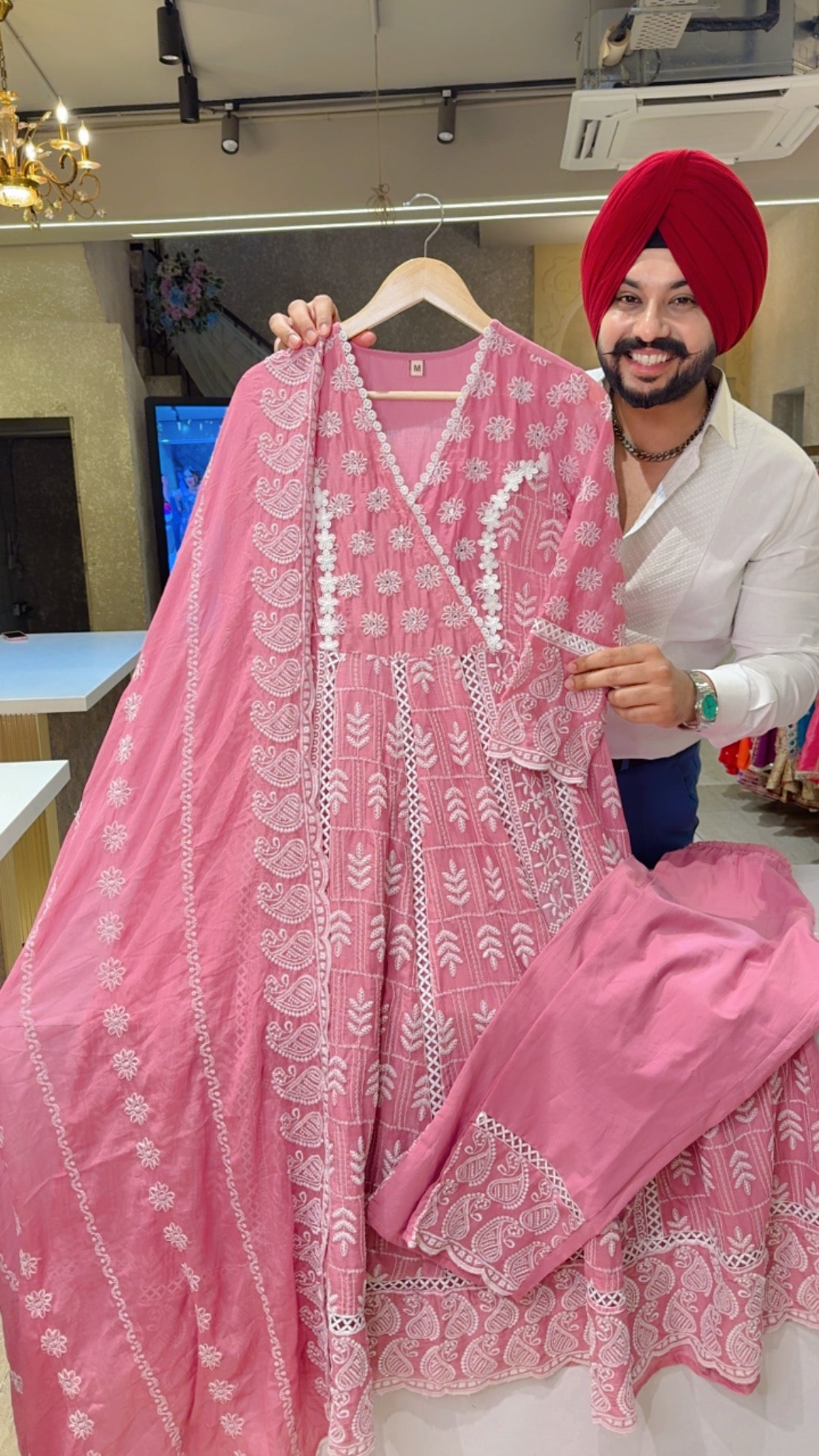 Pastel pink Mal Cotton Fully embroidered Full Flair Anarkali Suit with Beautiful Duppata AN315