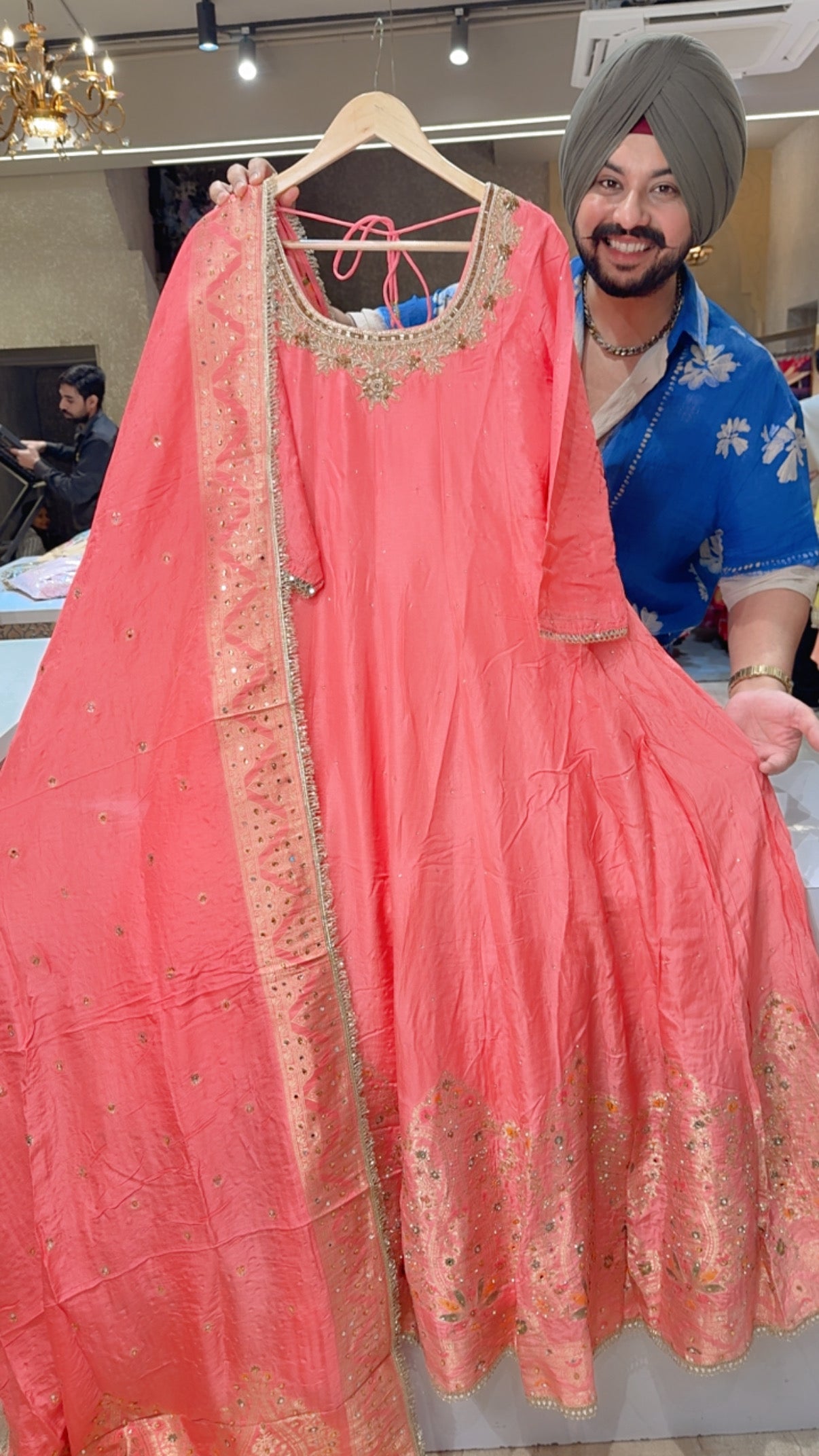 Gajri Pink Soft Silk Fill Flair Hand embroidered Anarkali Gown with Heavy Banarasi Border & Duppata
