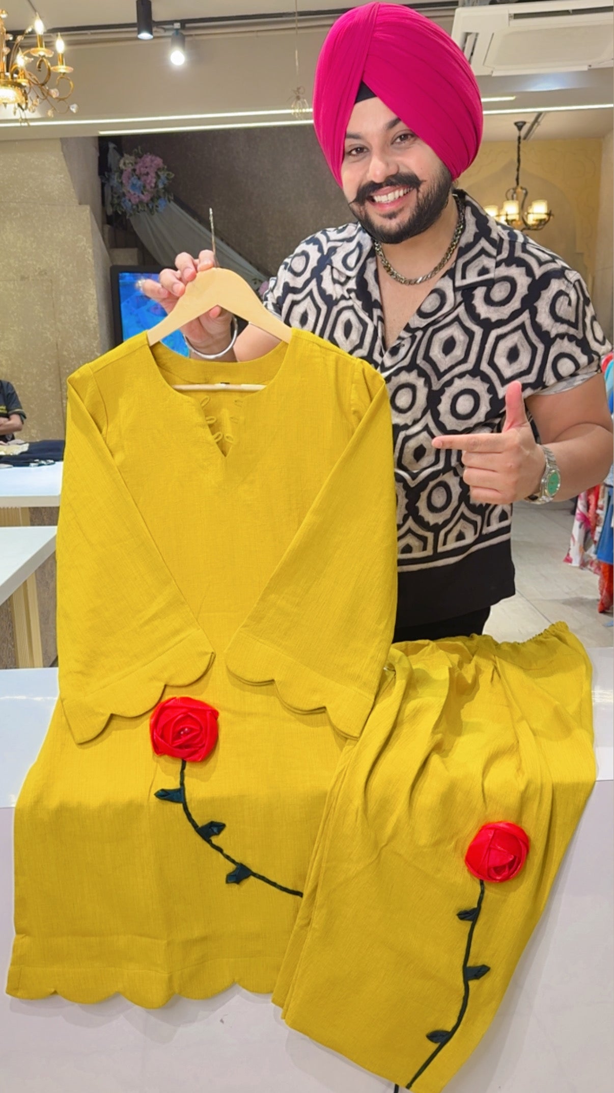 Mustard Yellow Self Textured Linen Farshi Coord set with Beautiful Rose patch Work on it
