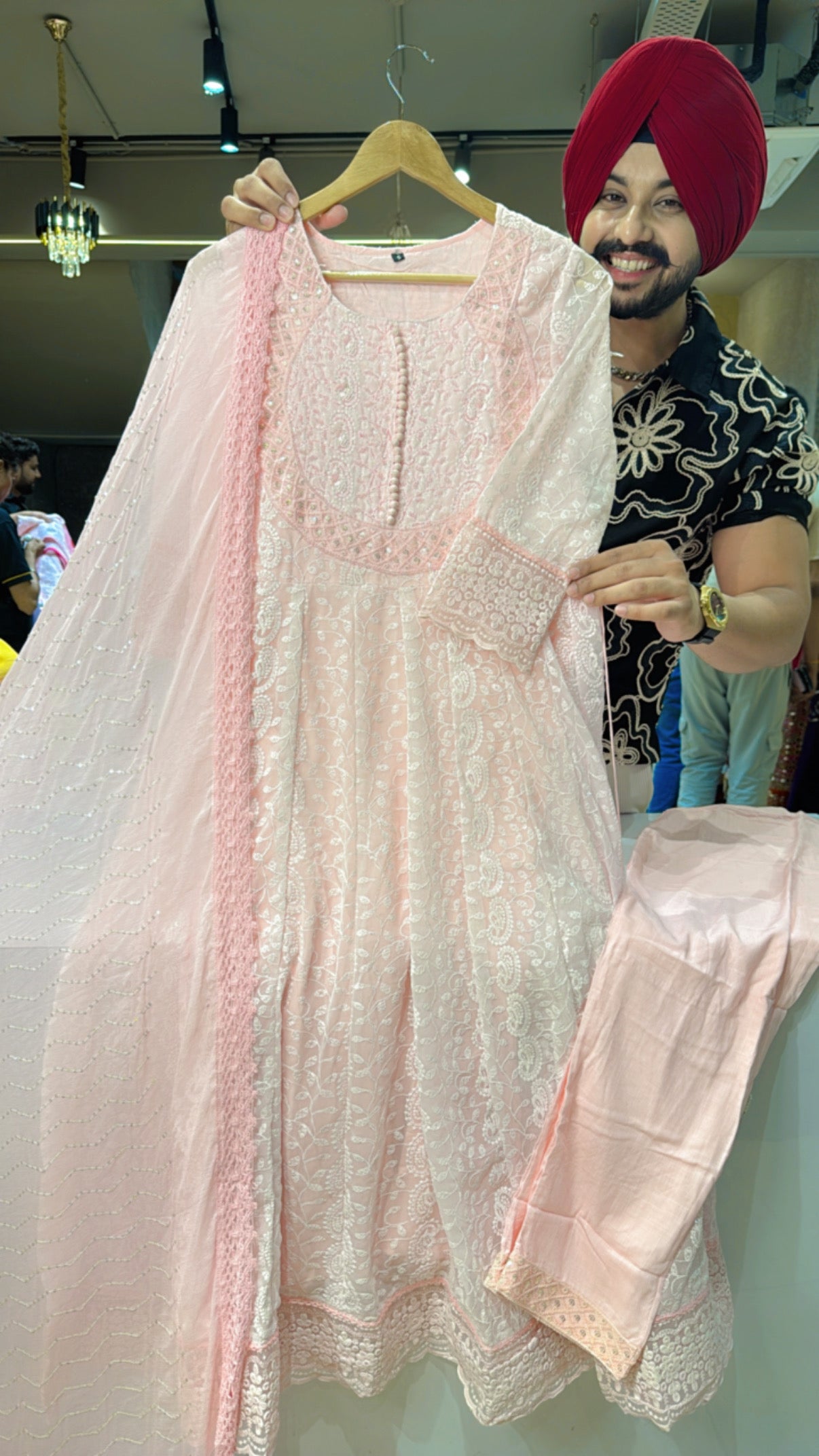 Baby Pink Georgette Fully Self Embroidered Anarkali Suit with Hand embroidery work on neck Sequins work Chiffon Duppata
