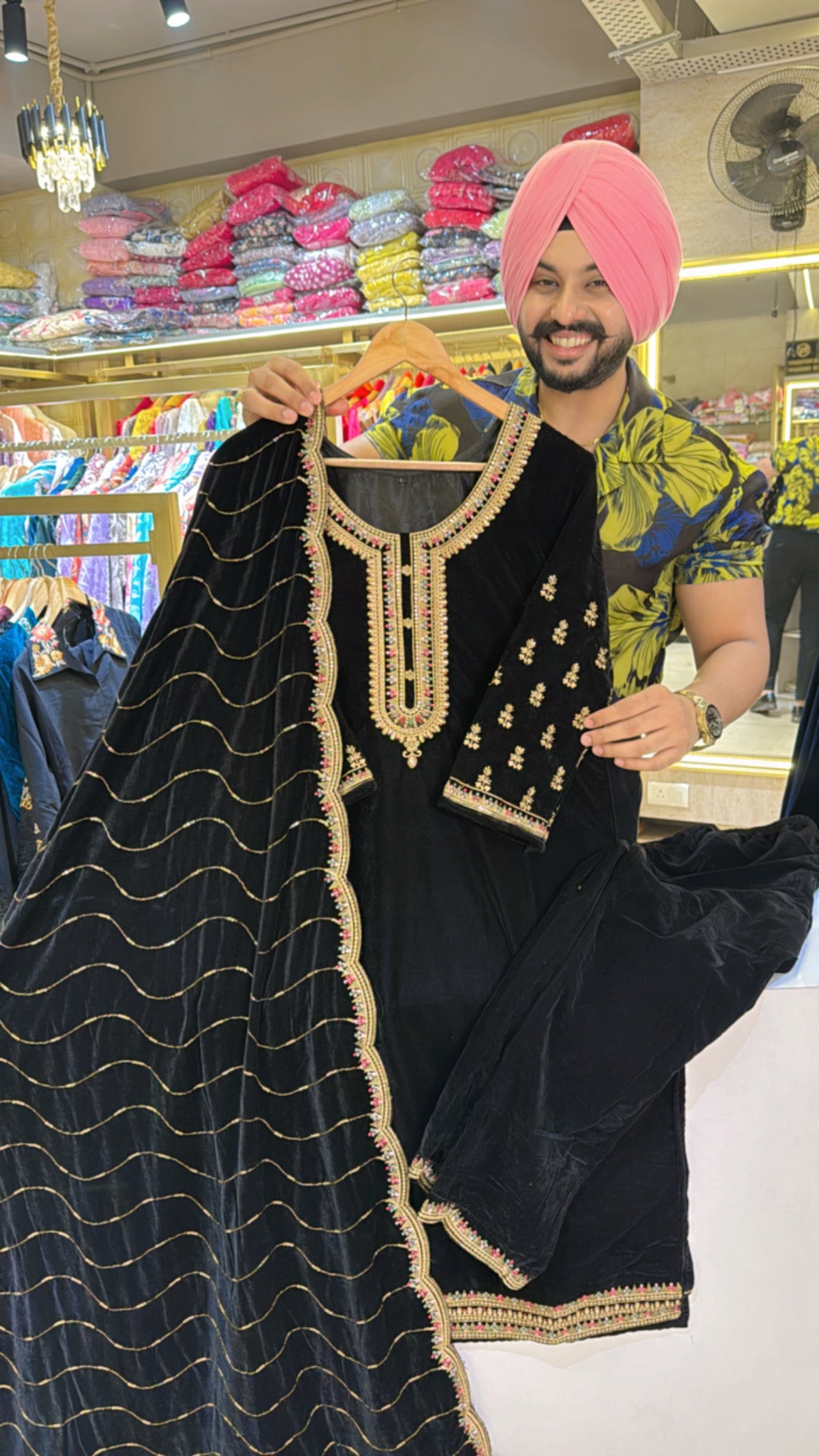 Black Premium Velvet Straight suit with Heavy Embroidered Duppata