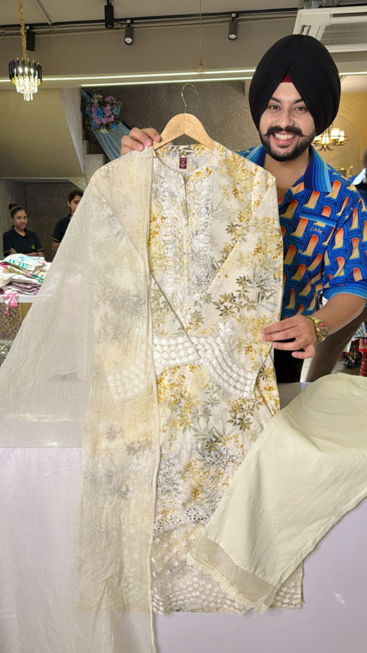 Cream Floral print Heavy Embroidered Cotton Straight Suit with Kota Doria Duppata