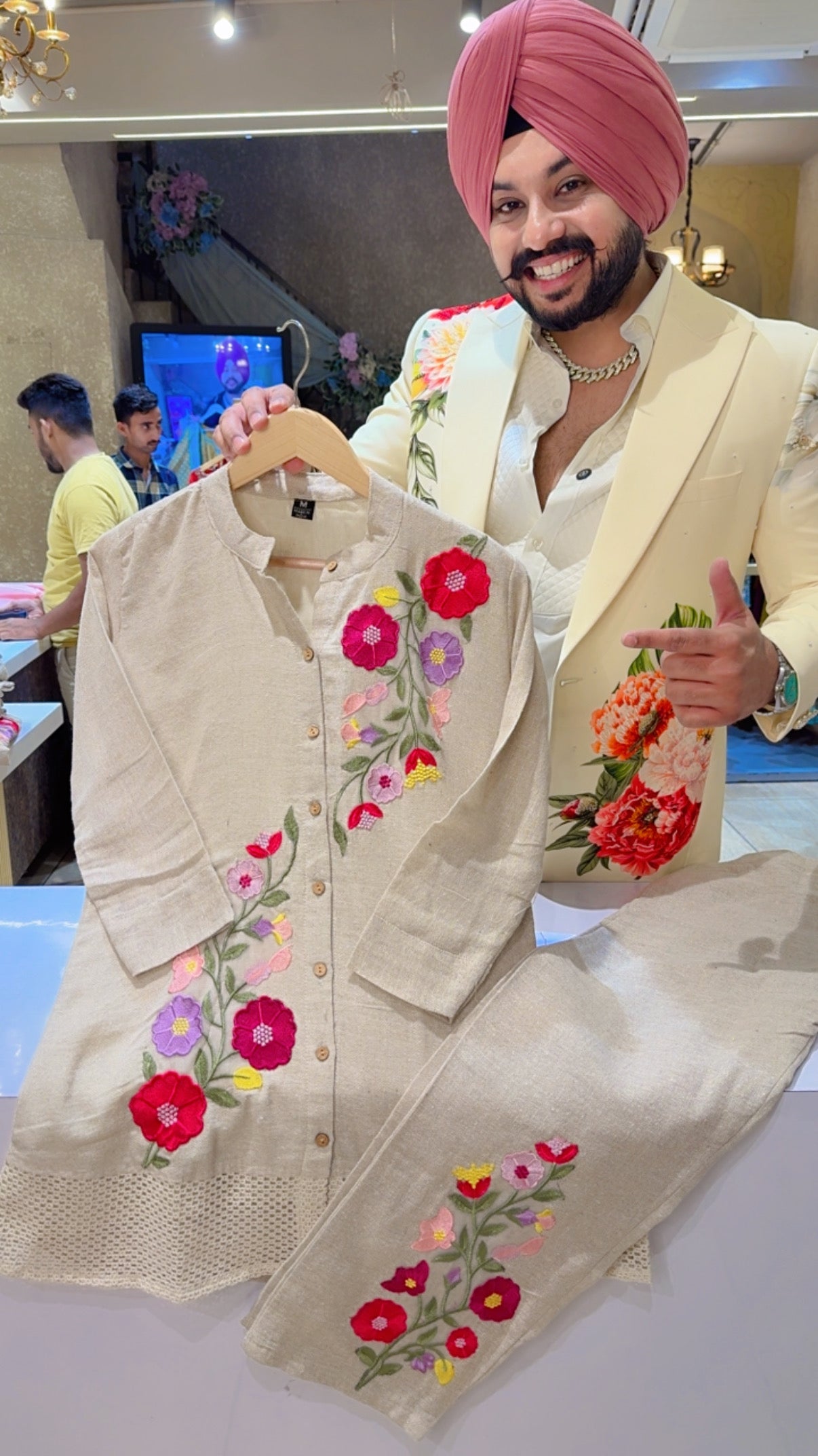 Beige Colour jute Cotton Floral embroidered Stylish Coord set
