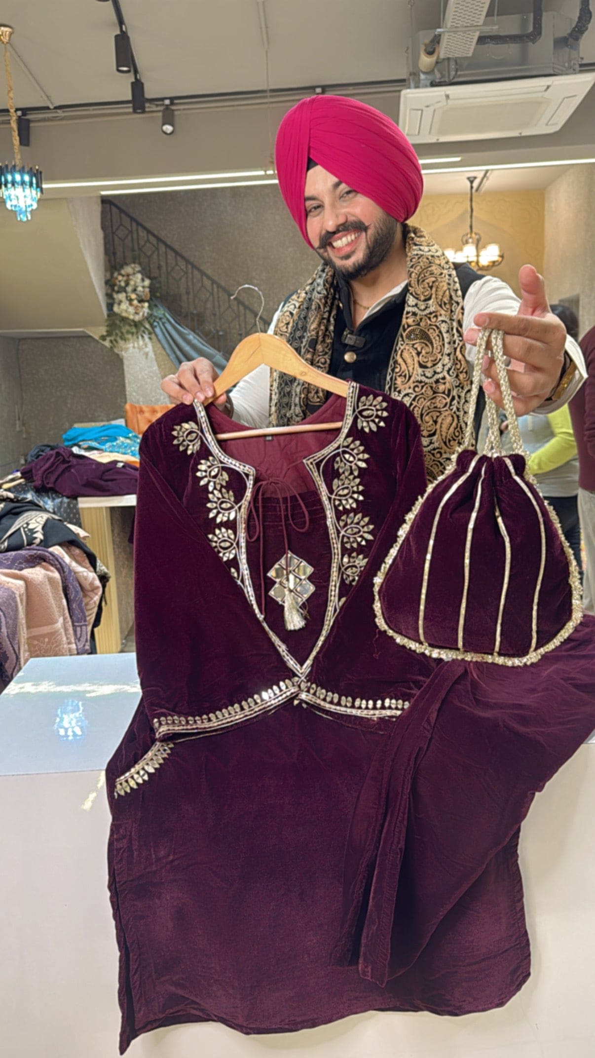 Wine premium Velvet Heavy Mirror work Pakistani Coord set with Potli