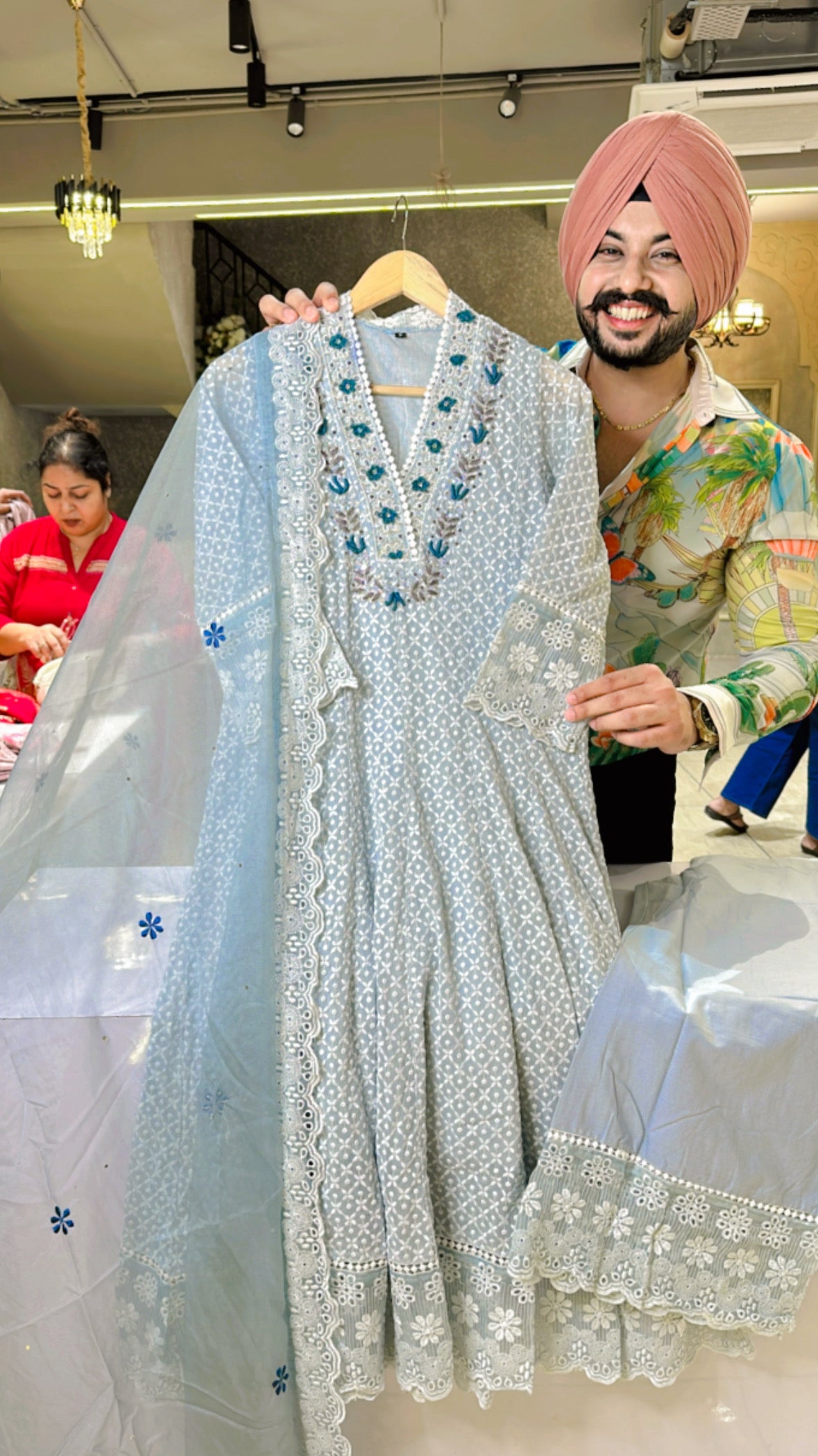 Blueish Grey Georgette Fully embroidered Anarkali suit with Stylish pl