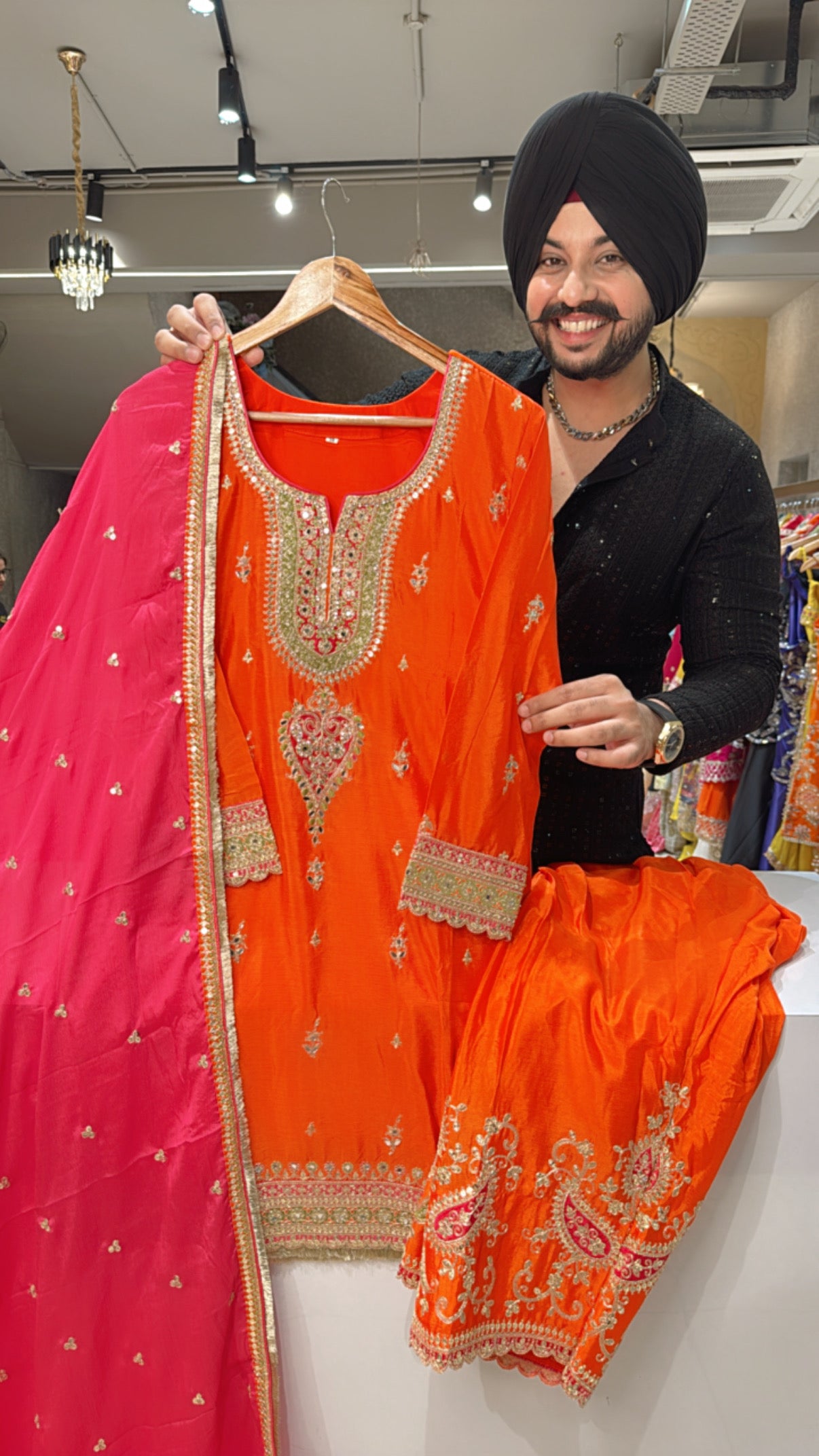 Orange Chinon Heavy embroidered Party Wear Farshi Salwar Suit with Pink Embroidered Duppata