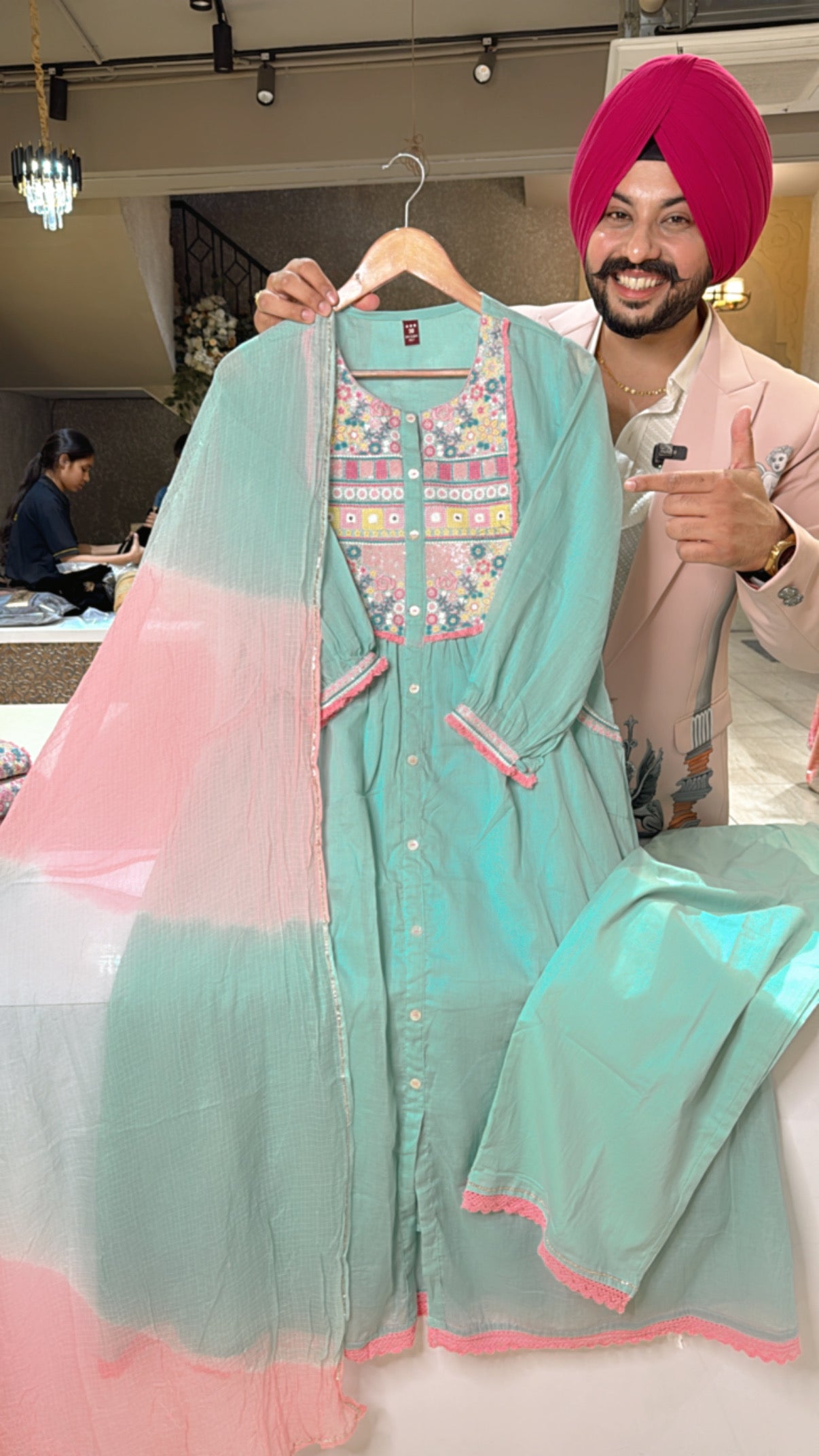 Sea Blue Mal Cotton A-line Indowestern Suit with Kota Doria Duppata
