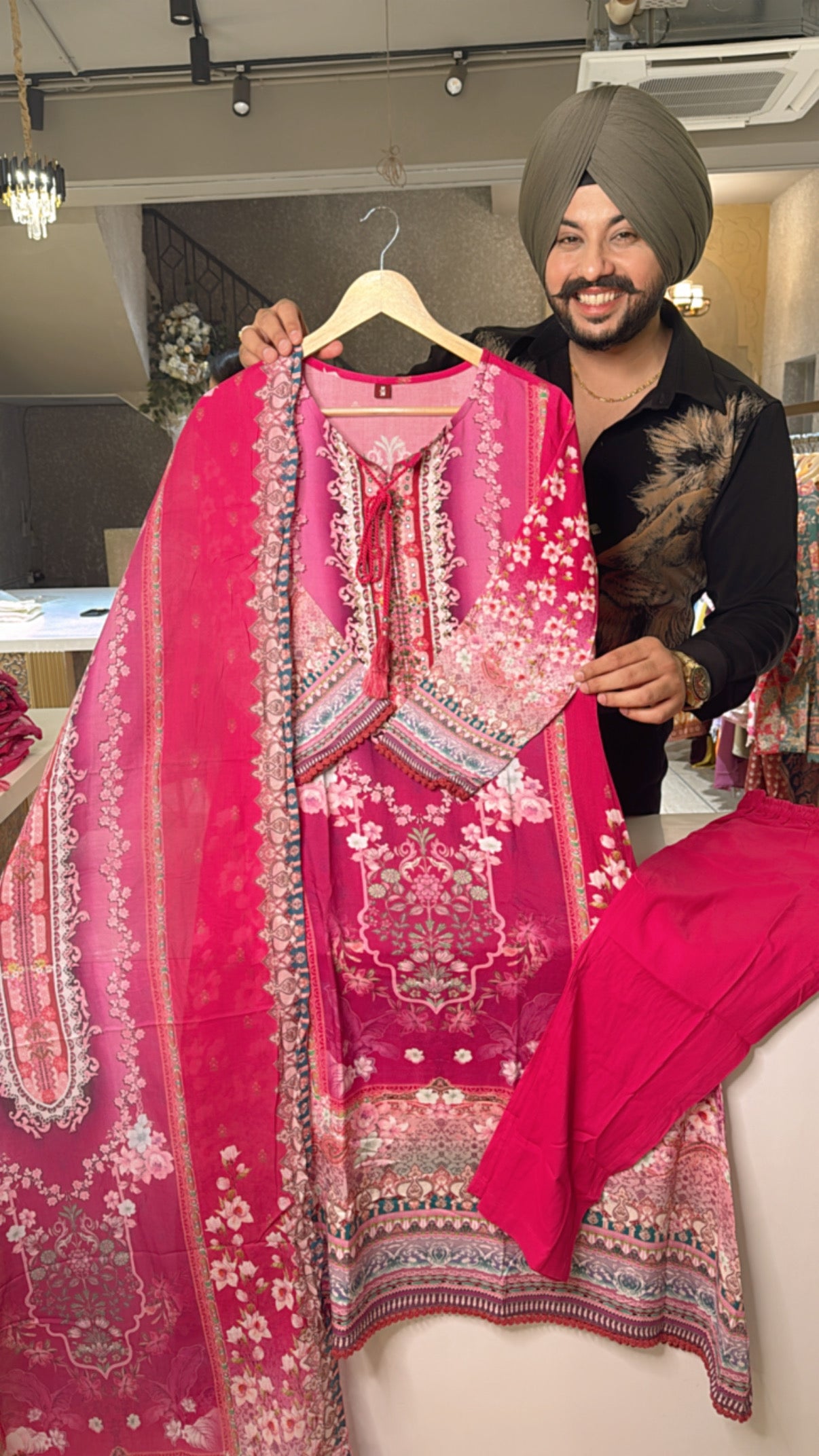 Rani pink Soft Rayon C- Cut Party wear suit with beautiful Hand work on neck