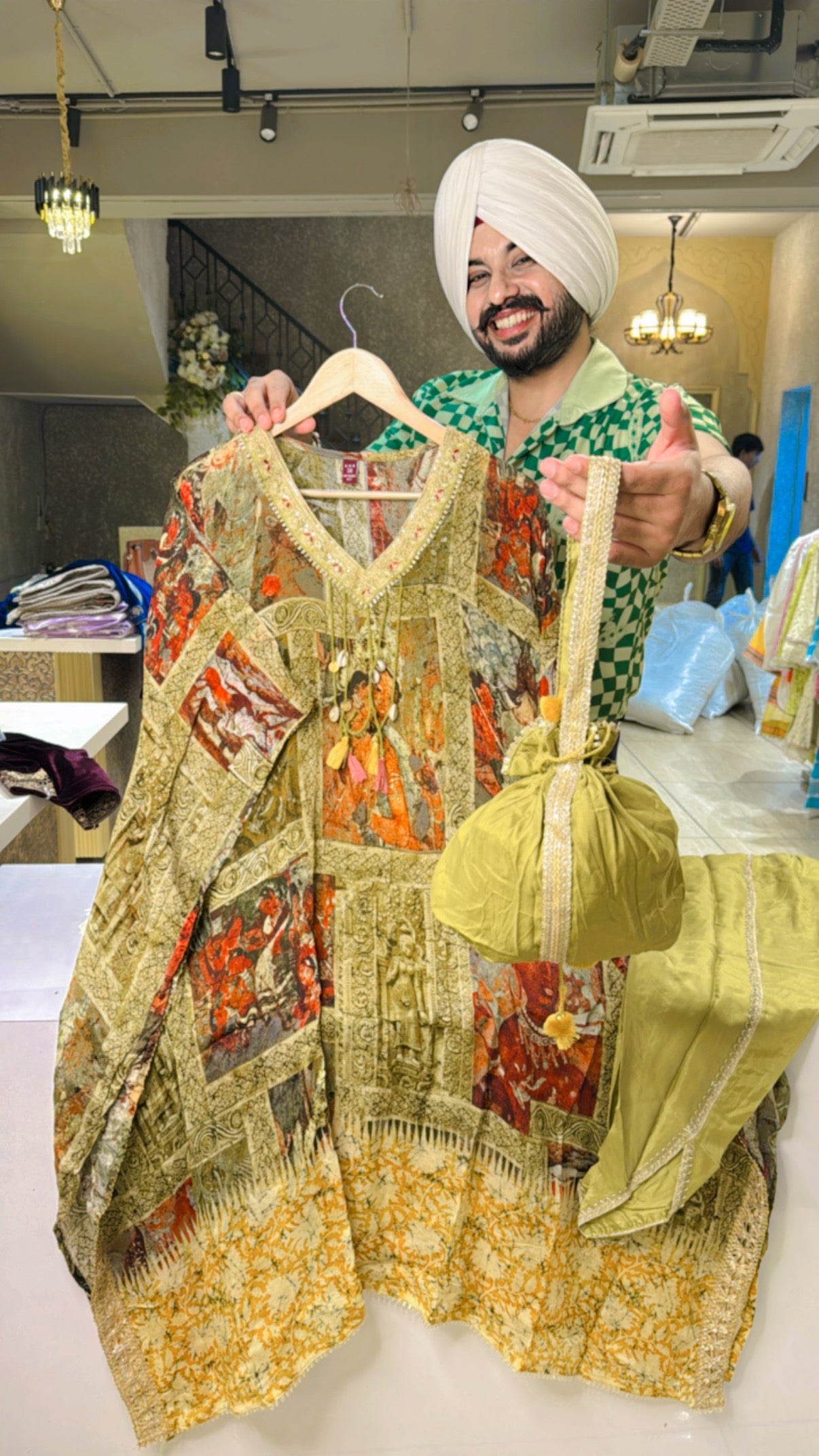 Mehndi Green Chinon kaftan Coord set with Stylish Tulip pants and Cute Potli