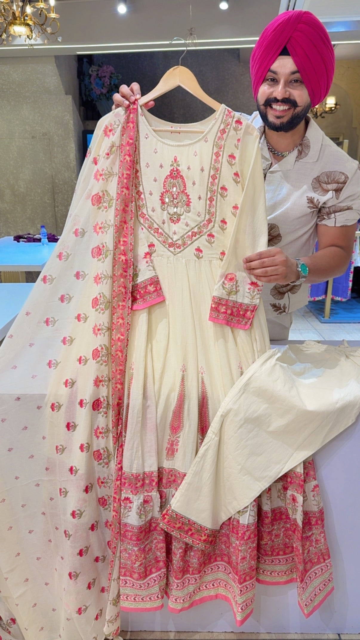 Cream & Gajri Mal Cotton Block Printed Girlish Full Flair Anarkali Suit with Hand embroidery Work on neck