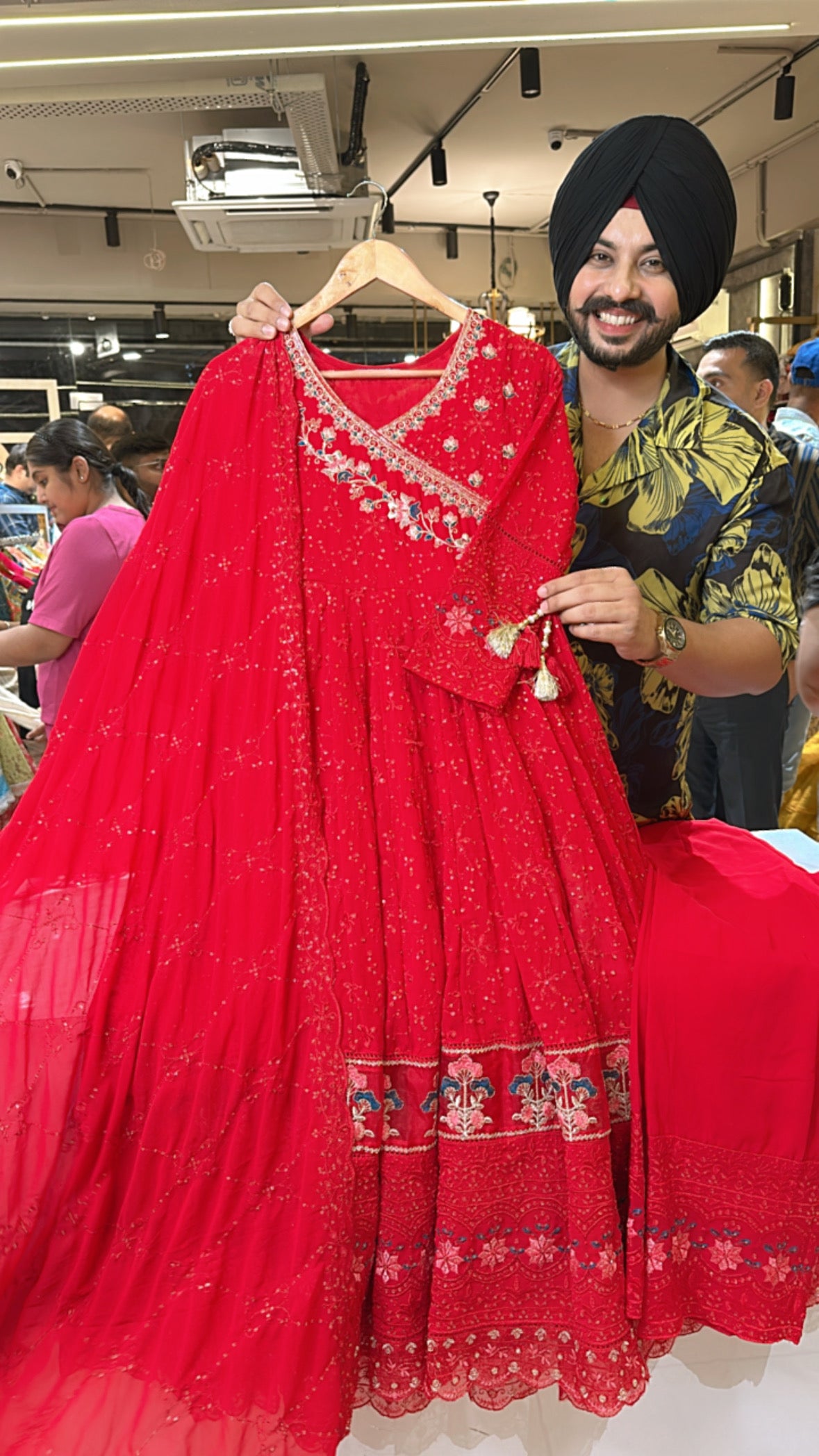 Vibrant Red Georgette Fully embroidered Angrakha Anarkali suit with Heavy border, pants $ Duppata
