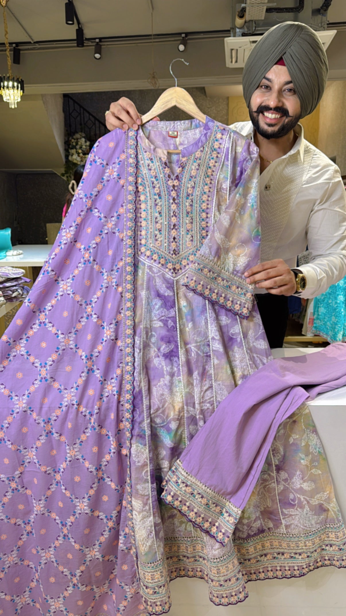 Lavender Pure Cotton Tie & Dye Embroidered Anarkali suit with Beautiful Dupatta