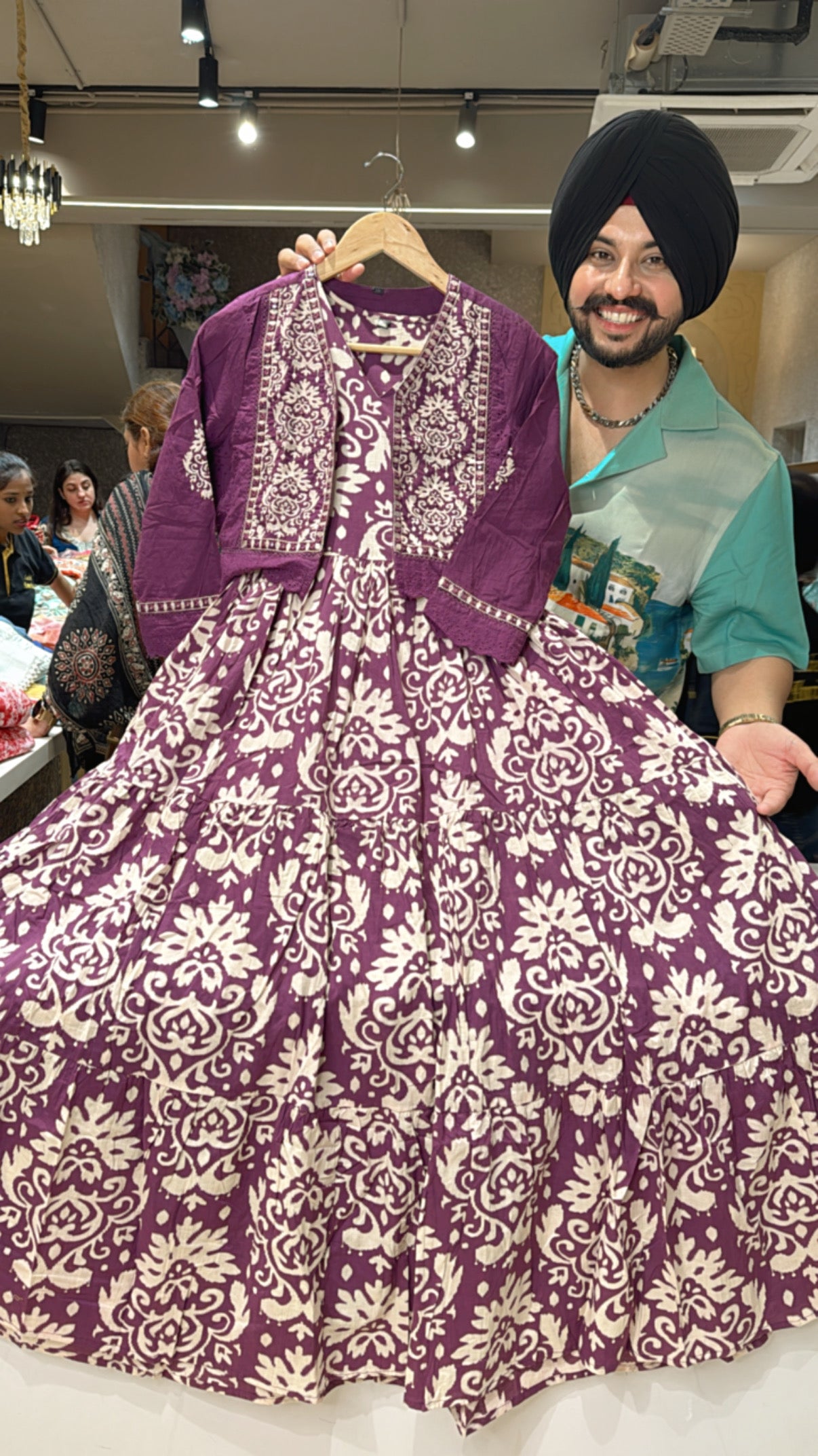 Purple Pure Cotton Full Flair Indo Western Dress with embroidered Short Jacket