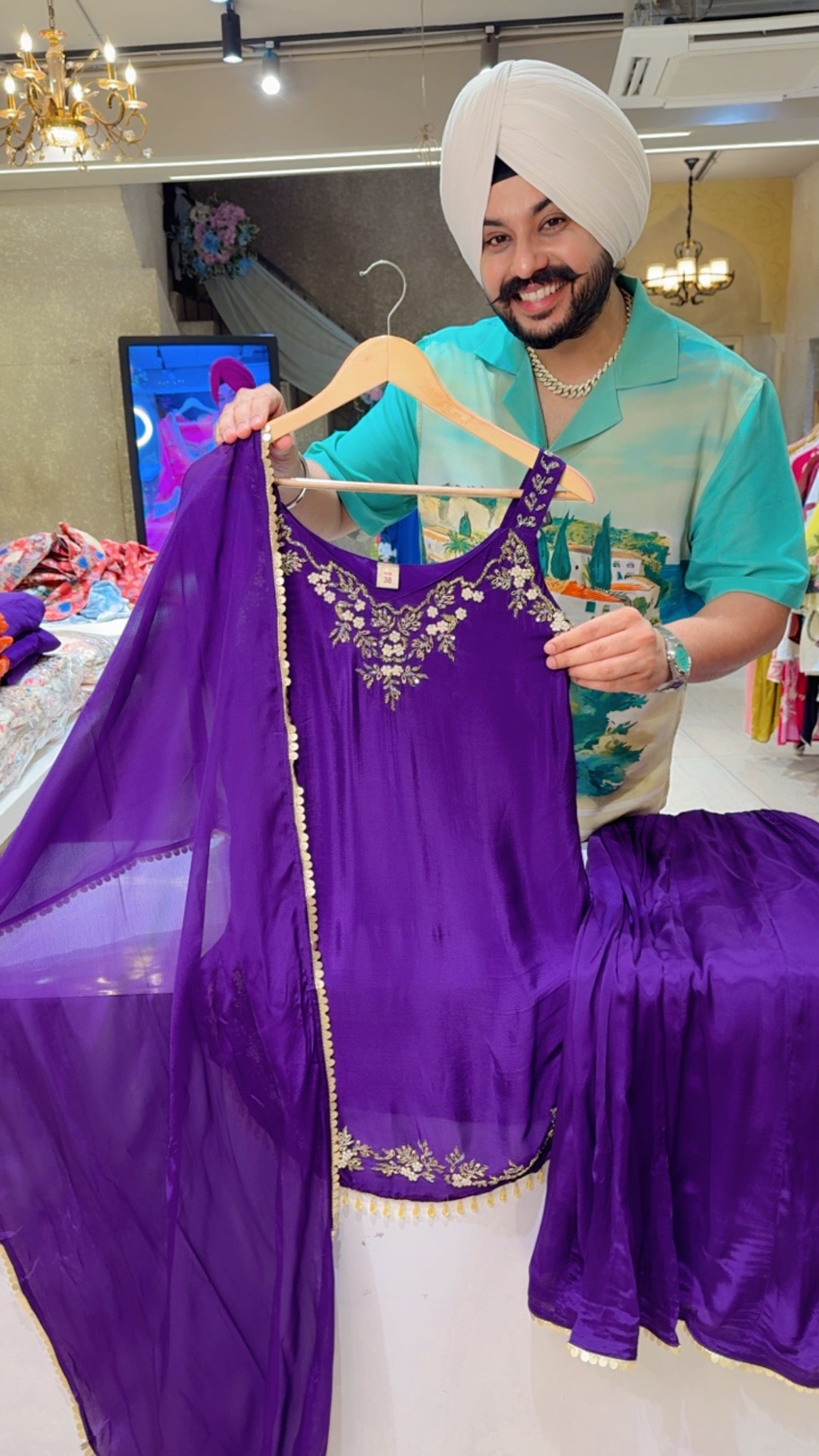 Purple Cutsleeves Hand embroidered Apple Cut full Flair Sharara Suit