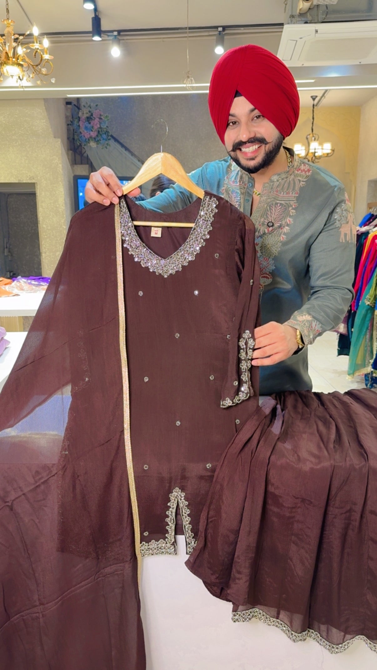 Dark Brown Chinon Front Slit Hand Embroidered Full Flair Sharara Set With Sleek Chiffon Duppata SH0