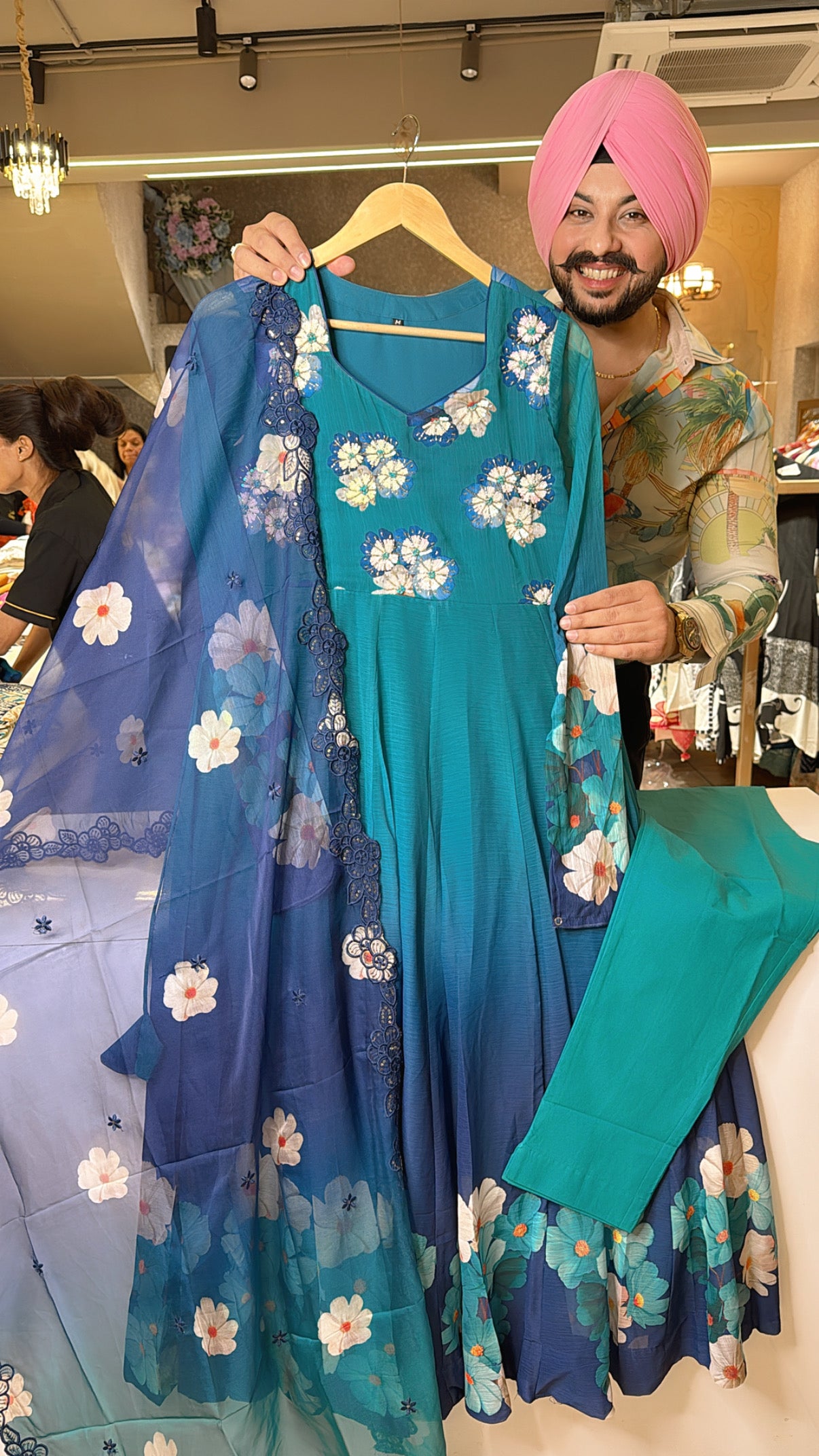 RamaGreen & Blue Soft Chiffon Floral Print Full Flair Anarkali Suit with Hand embroidery Work on neck & Embroidered Organza Duppata