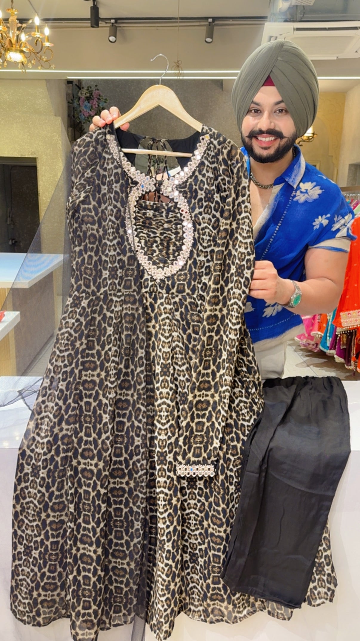 Leopard Print Mirror Work Designer Neck & Semi Backless Anarkali suit with Sleek Net Stole