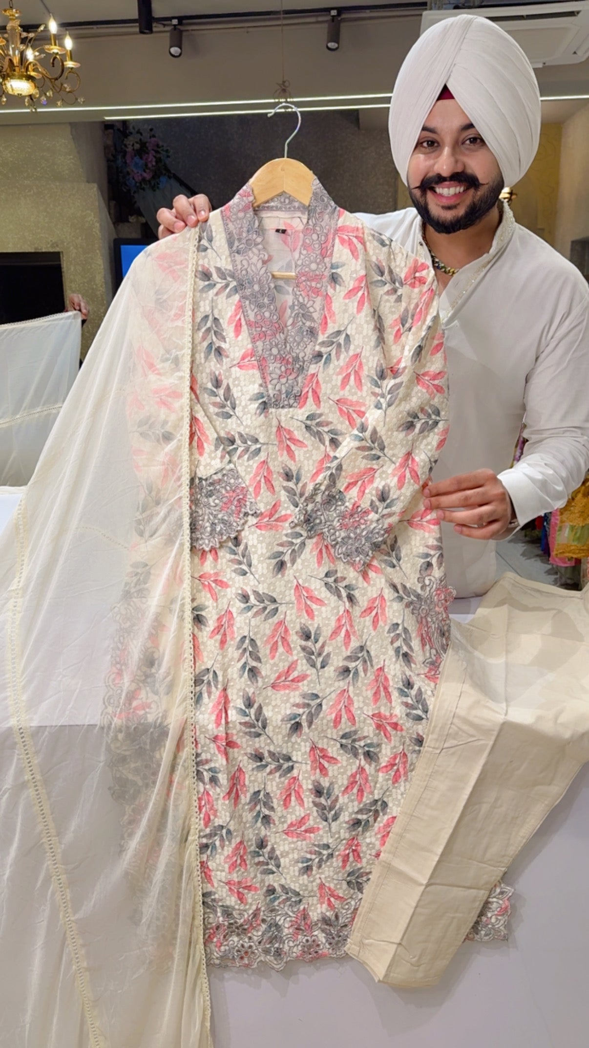 Cream Pure Cotton Self Embroidered & Cut Work Office Wear Suit with Stiff Cotton Light Beige Pants & Chiffon Duppata