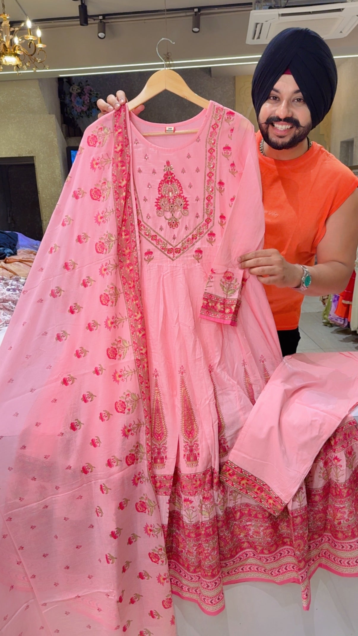 Baby Pink Mal Cotton Block Printed Girlish Full Flair Anarkali Suit with Hand embroidery Work on neck