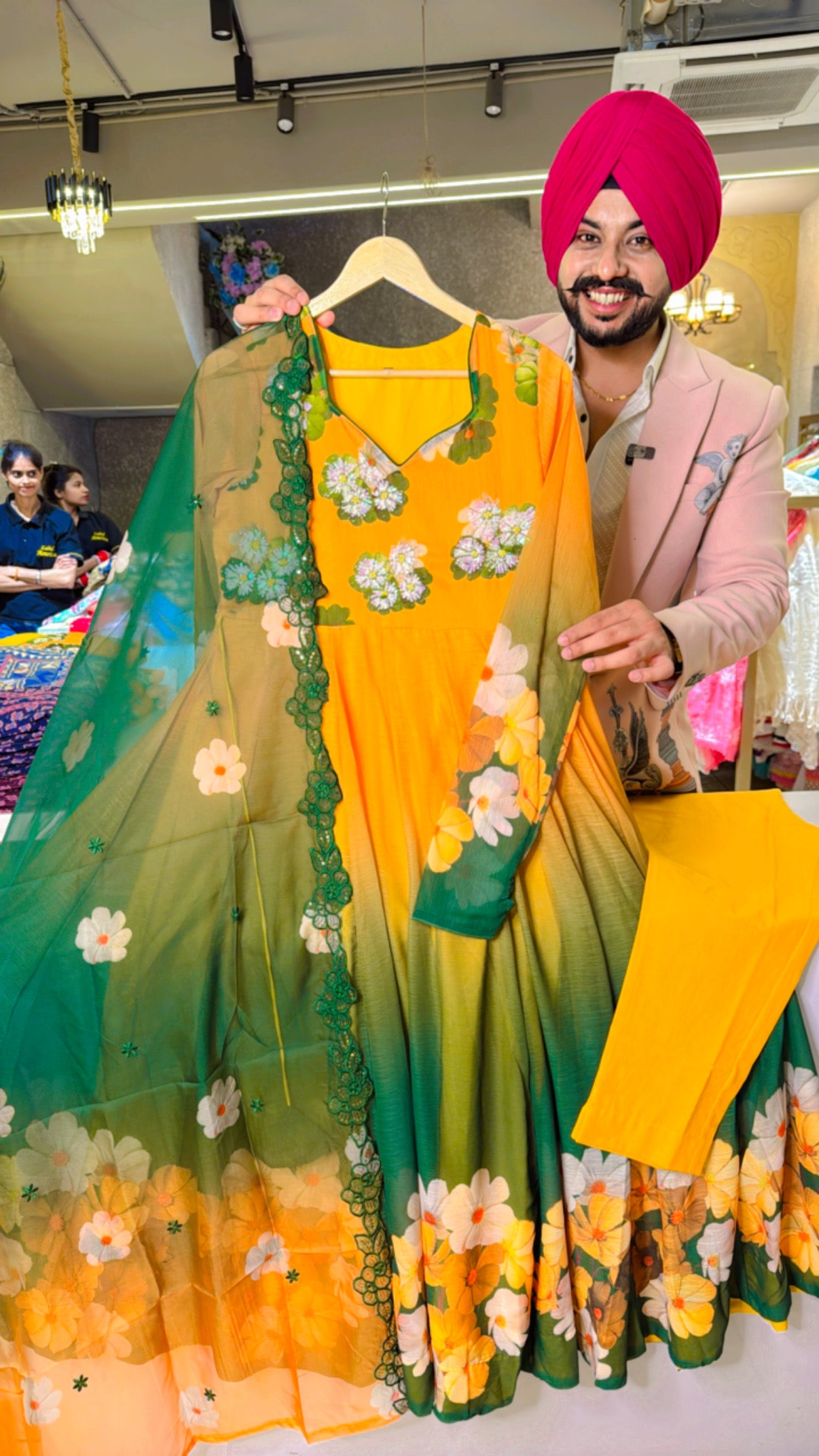 Vibrant Yellow & Green Soft Chiffon Floral Print Full Flair Anarkali Suit with Hand embroidery Work on neck & Embroidered Organza Duppata