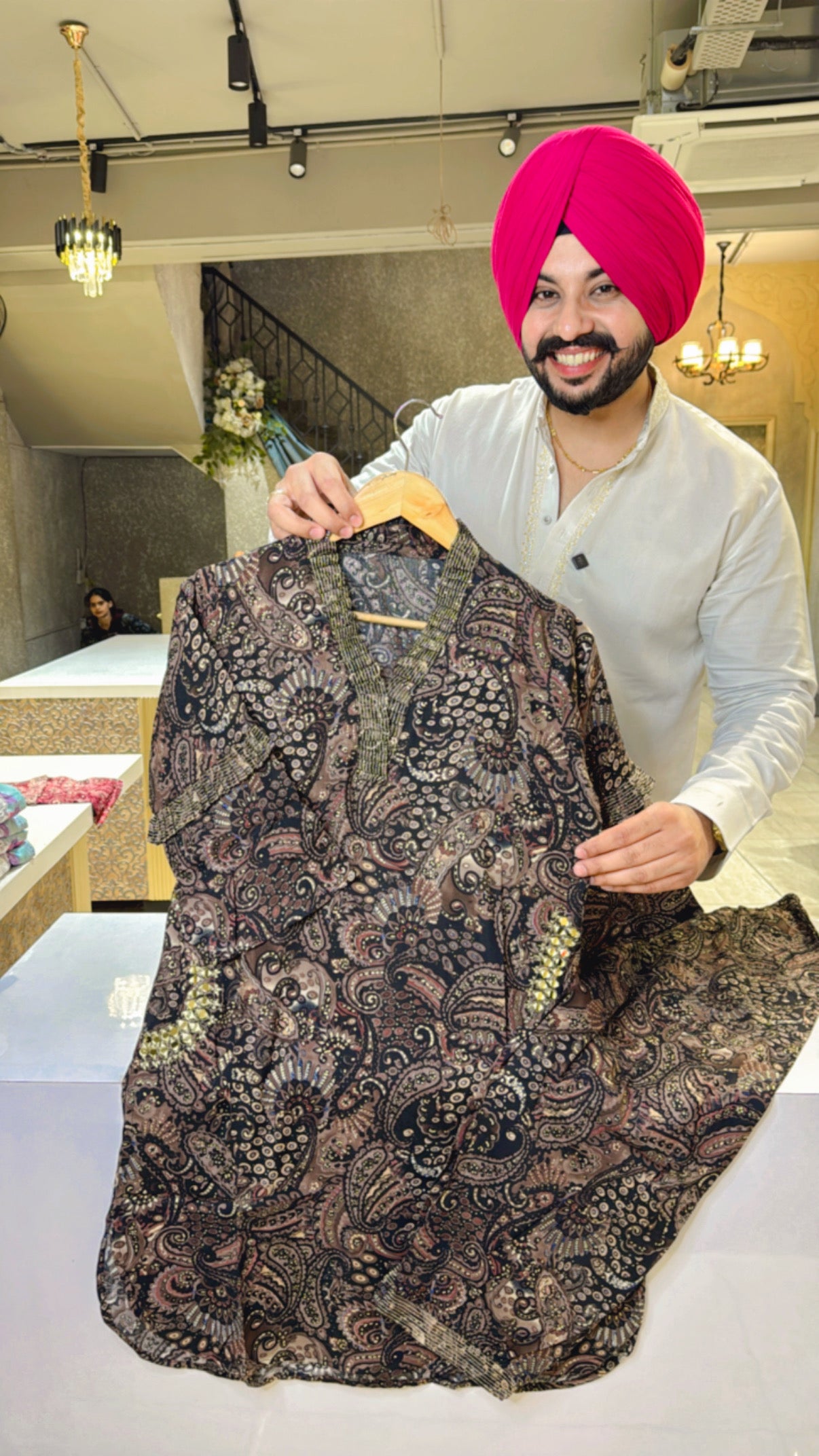 Black & Brown Rayon Kalamkari Print Apple Cut Pathani Coordset with Real mirror work on pockets