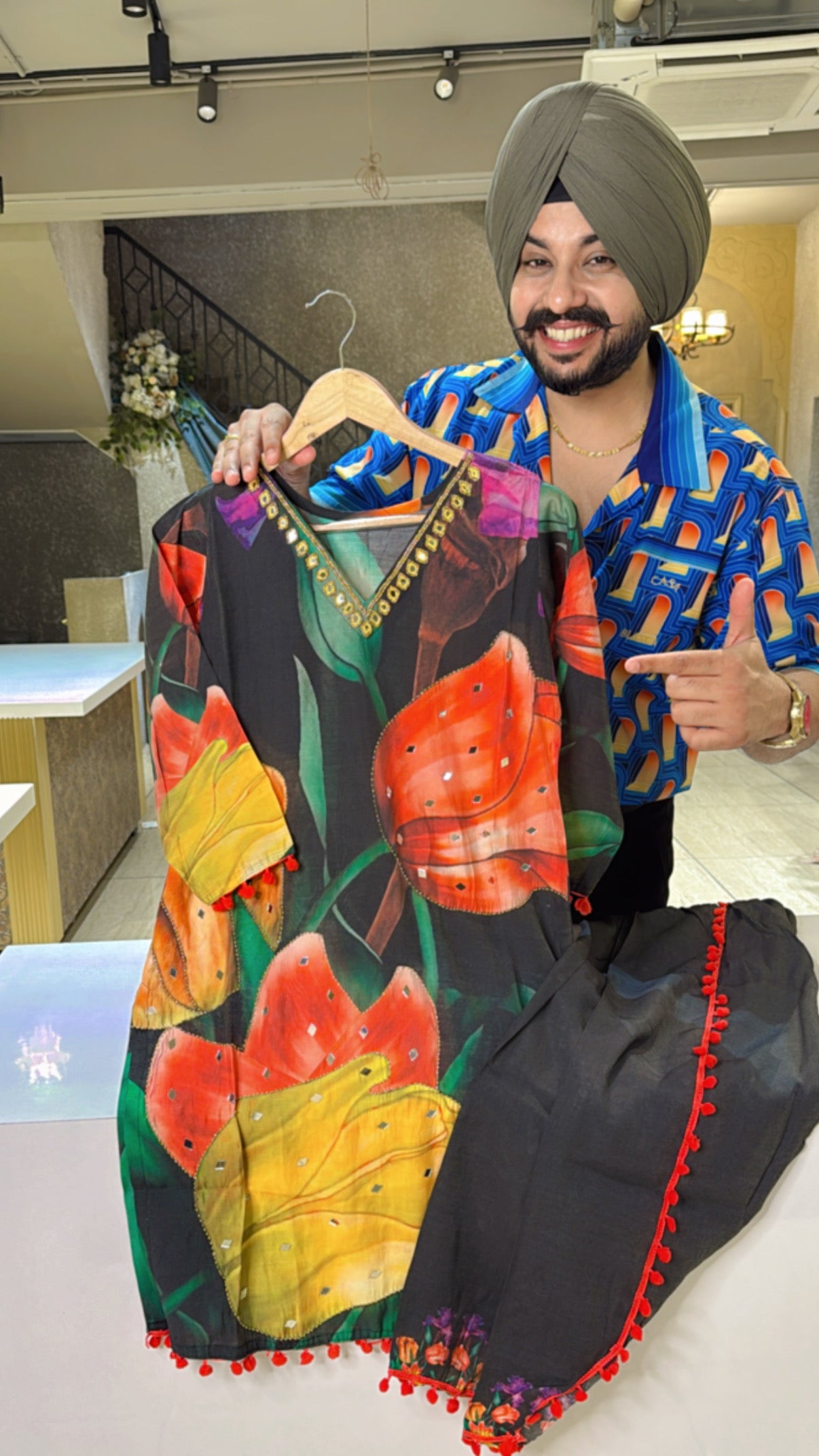 Black & Multicolored Soft Silk Handwork Coord set with Stylish Tulip pants