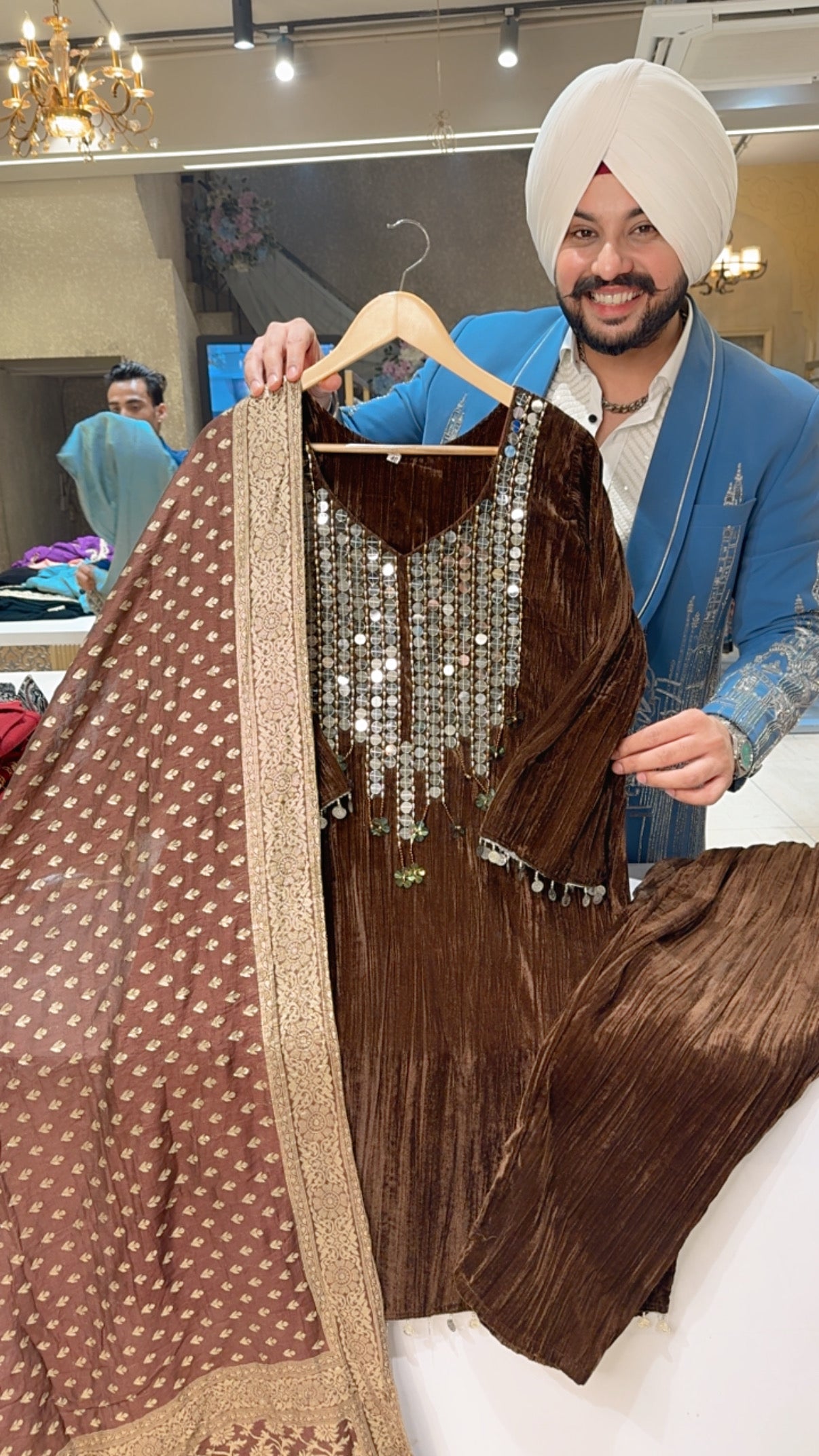 Chocolate brown Crush Velvet Heavy mirror Work Straight Suit with Beautiful Banarasi Look Duppata