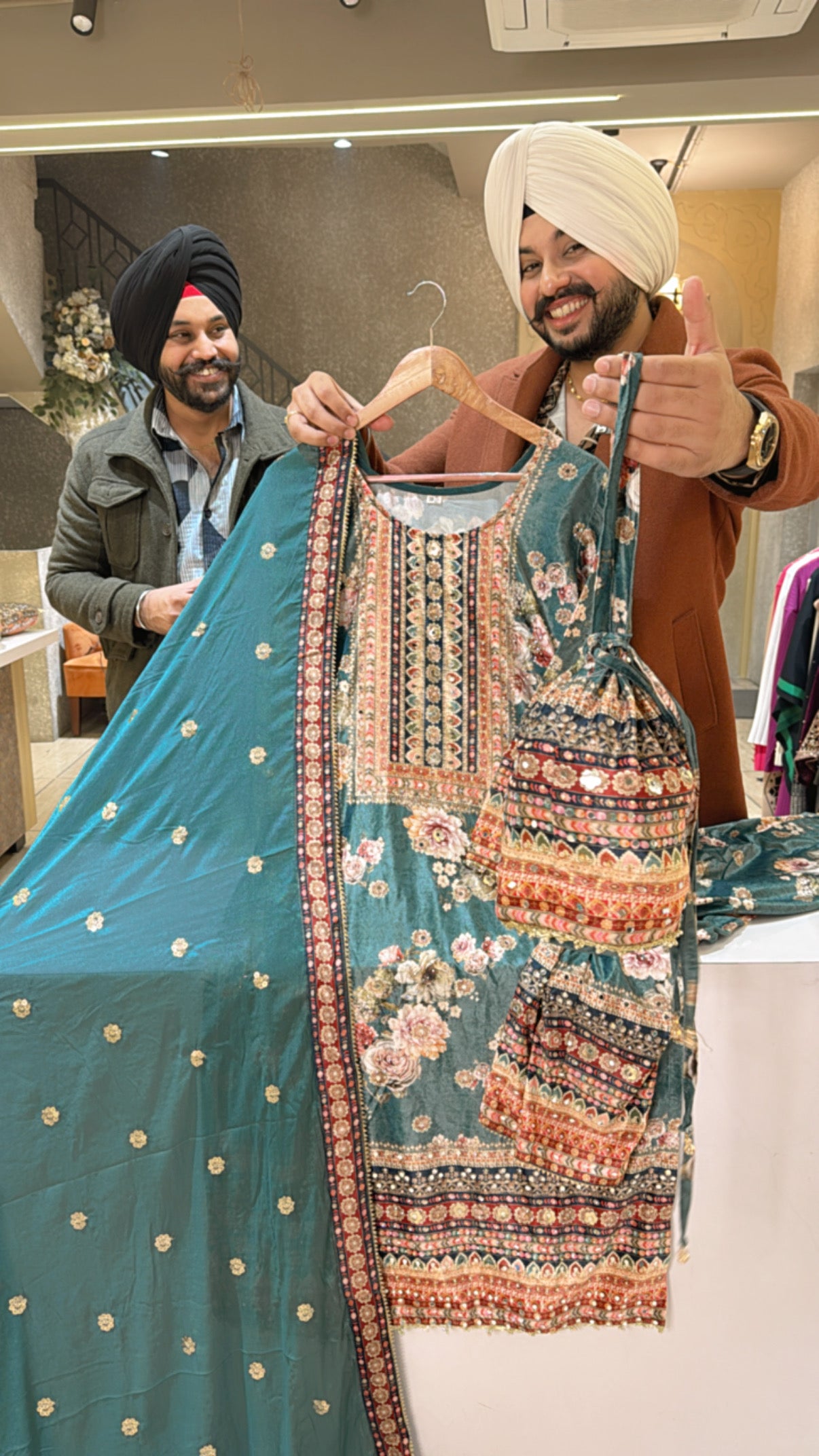 Sea Green velvet Heavy Straight suit with embroidered Potli & Duppata