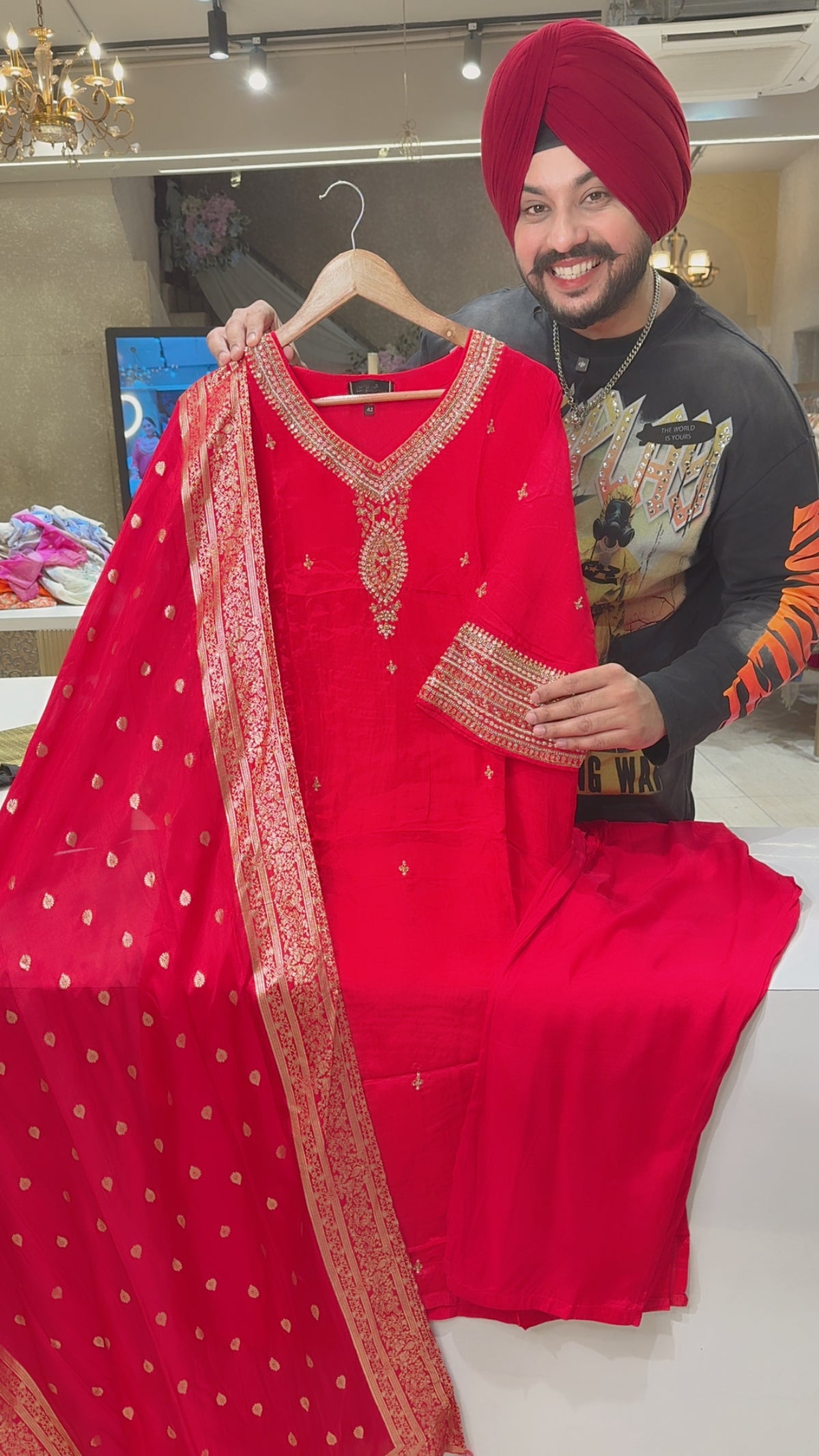 Red Soft silk Heavy Hand embroidery Work Party Wear Suit with Banarasi look Duppata